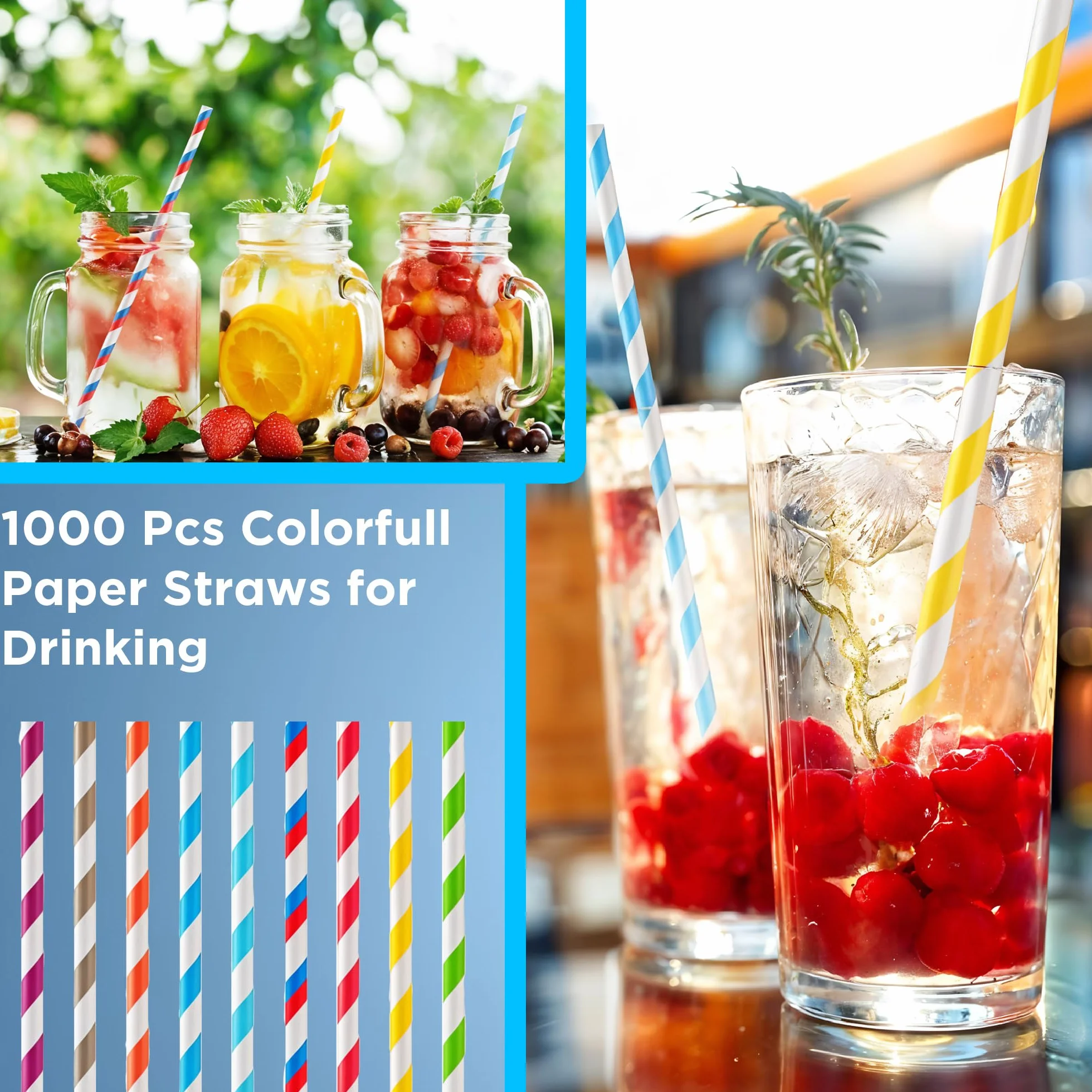 1000 cannucce di carta colorate, 100% biodegradabili ed ecologiche, alternative alle cannucce di plastica, robuste, non sporche ideali per cocktail, latte, eventi e feste.