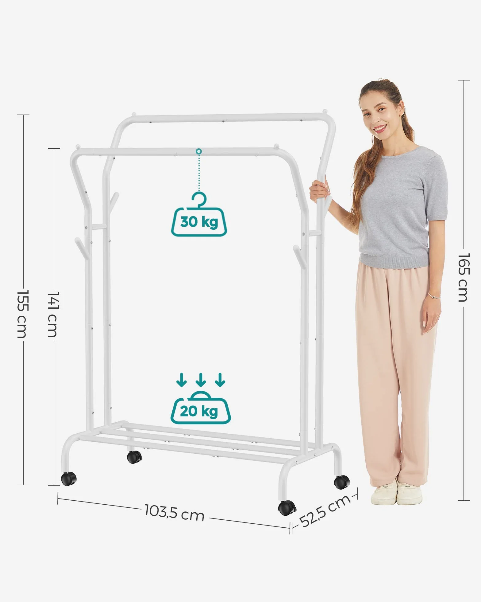 SONGMICS Appendiabiti Doppio con Ruote, Struttura in Acciaio, 100 kg, 103,5 cm, Bianco HSR107W01