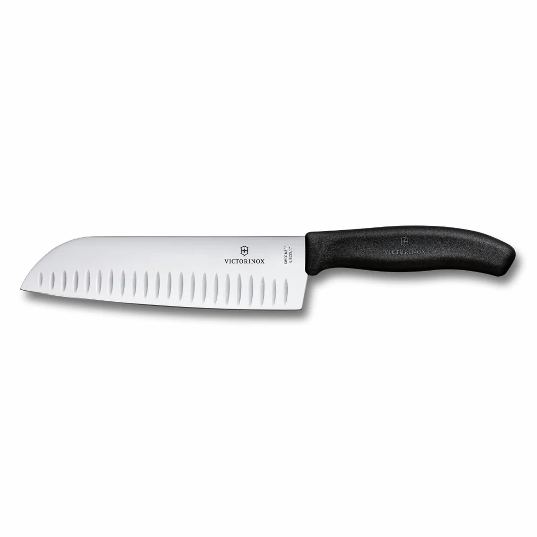Victorinox Swiss Classic Coltello Santoku, Coltello in stile asiatico, Lama extra-affilata, Forma a bulbo, 17 cm, Acciaio inossidabile, Nero