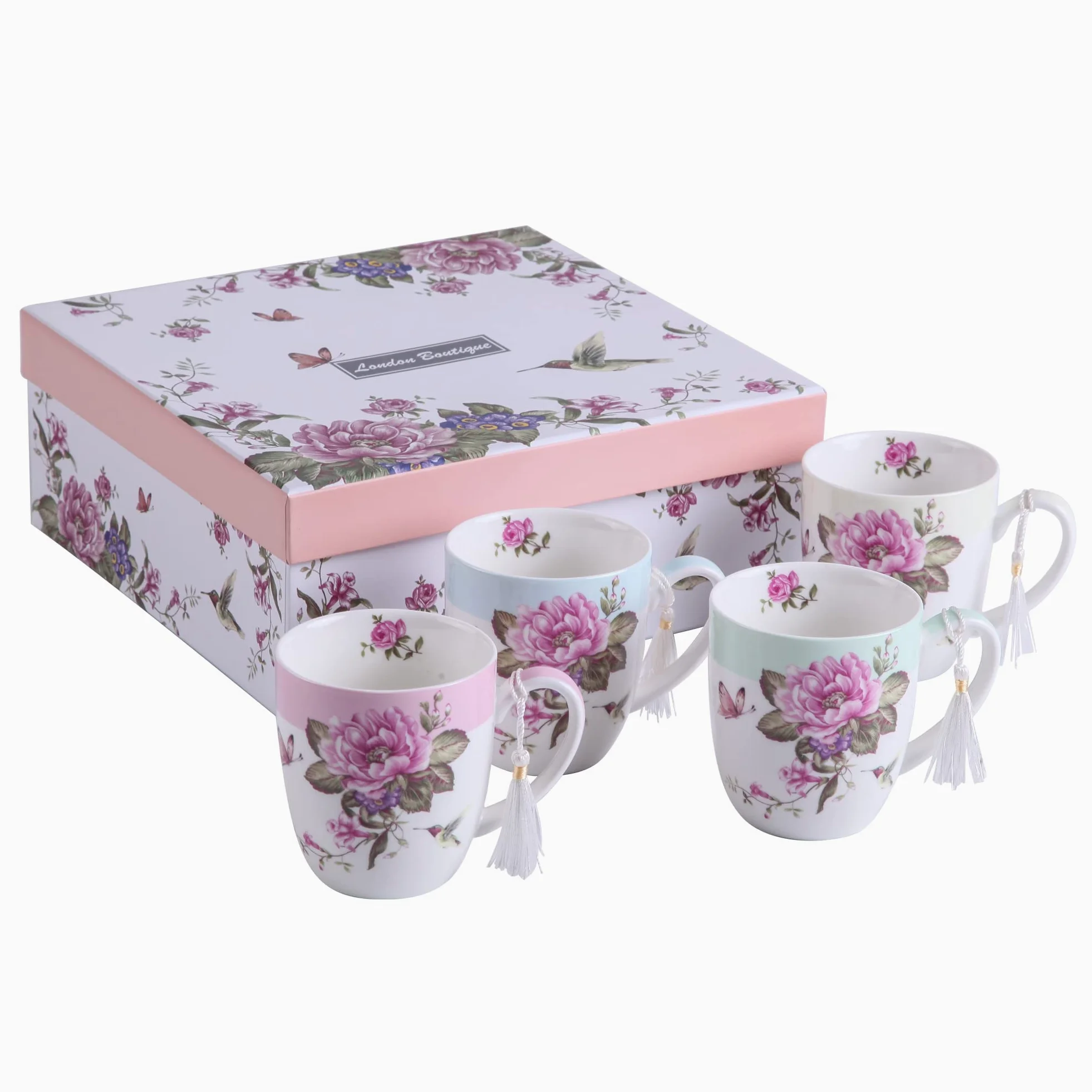 Set di 4 tazze da tè e caffè in porcellana - Design Shabby Chic con uccelli, rose e farfalle in confezione regalo - 330 ml
