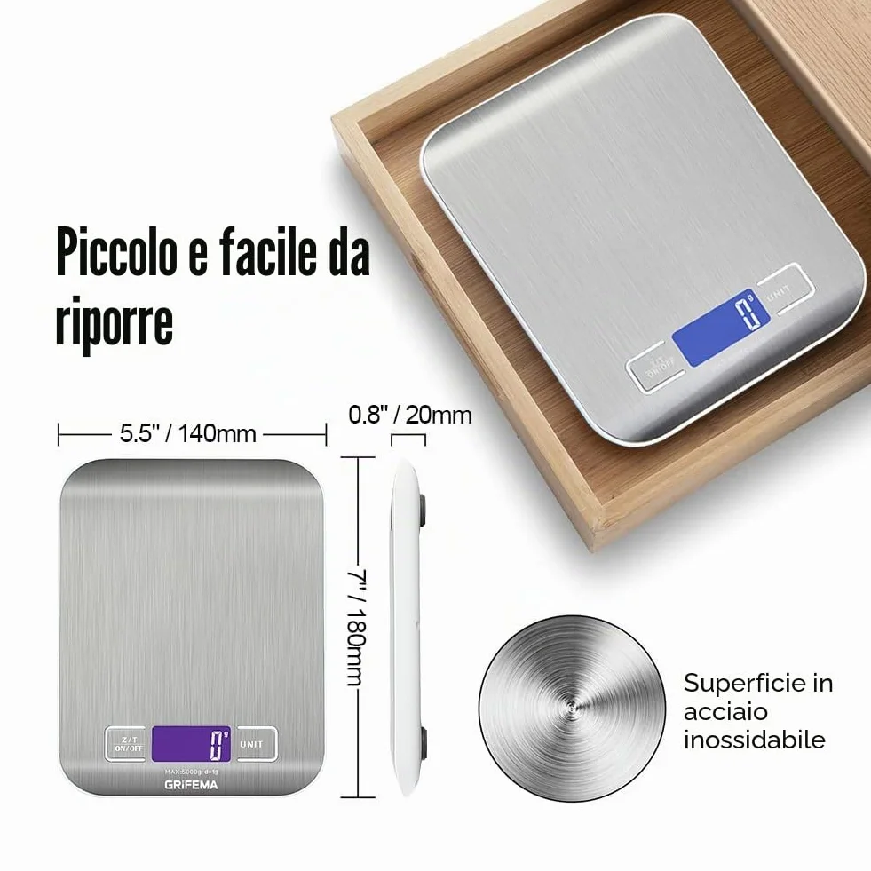 GRIFEMA GA2002 Bilancia da Cucina Smart Digitale con Funzione Tare, 5kg/11 lbs Professionale Alta Precisione