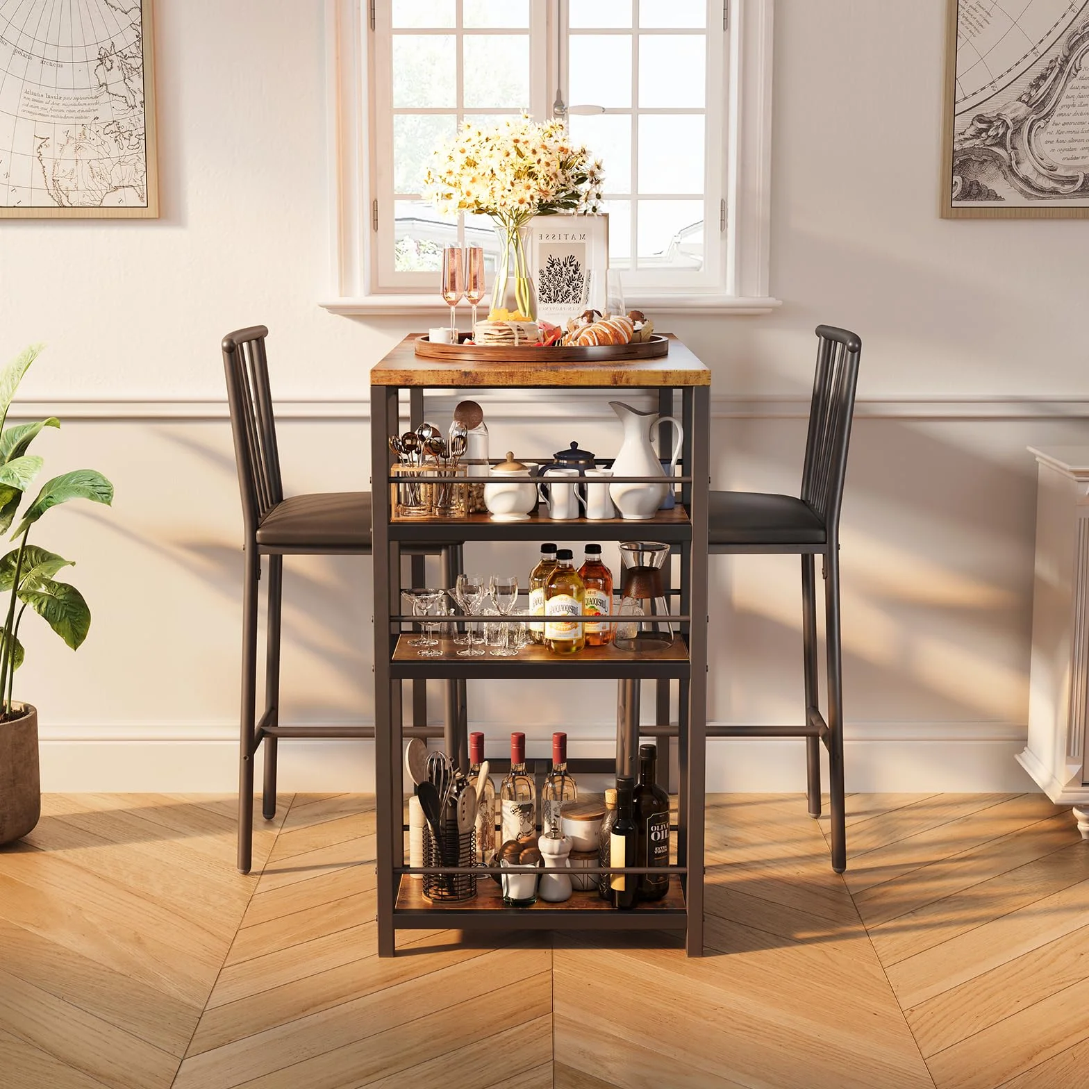 Xbro Tavolo da Bar con 2 Sedie Imbottite, Set 3 Pezzi Tavolo da Pranzo con 3 Ripiani e Porta Bottiglie, Tavolo Salvaspazio per Cucina, Soggiorno e Sala da Pranzo, Retrò