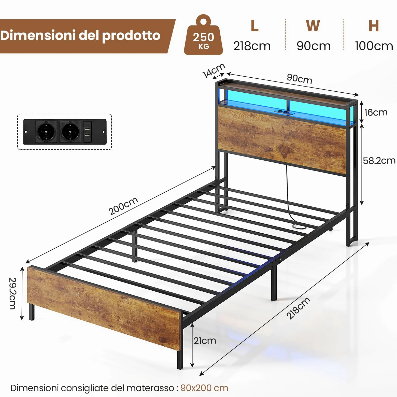 Brinlawb Struttura Letto Singolo 90x200 cm con Luce LED e Stazione di Ricarica (2 Prese CA, 2 Porte USB) Struttura Letto 90x200 cm con struttura in metallo, Facile da montare, Moderno, Marrone