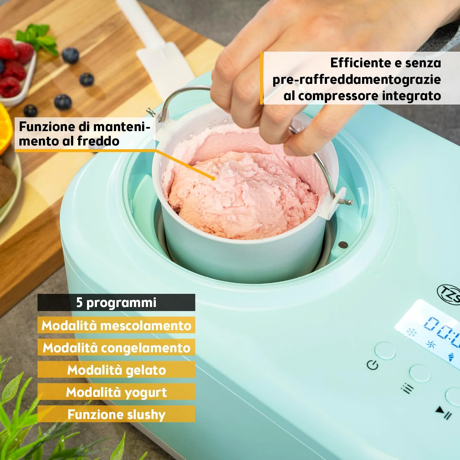TZS First Austria - Gelatiera 1L con Compressore 3-in-1-100W Macchina per Gelato Autorefrigerante per Frozen Yogurt, Sorbetti e Gelato - Turchese