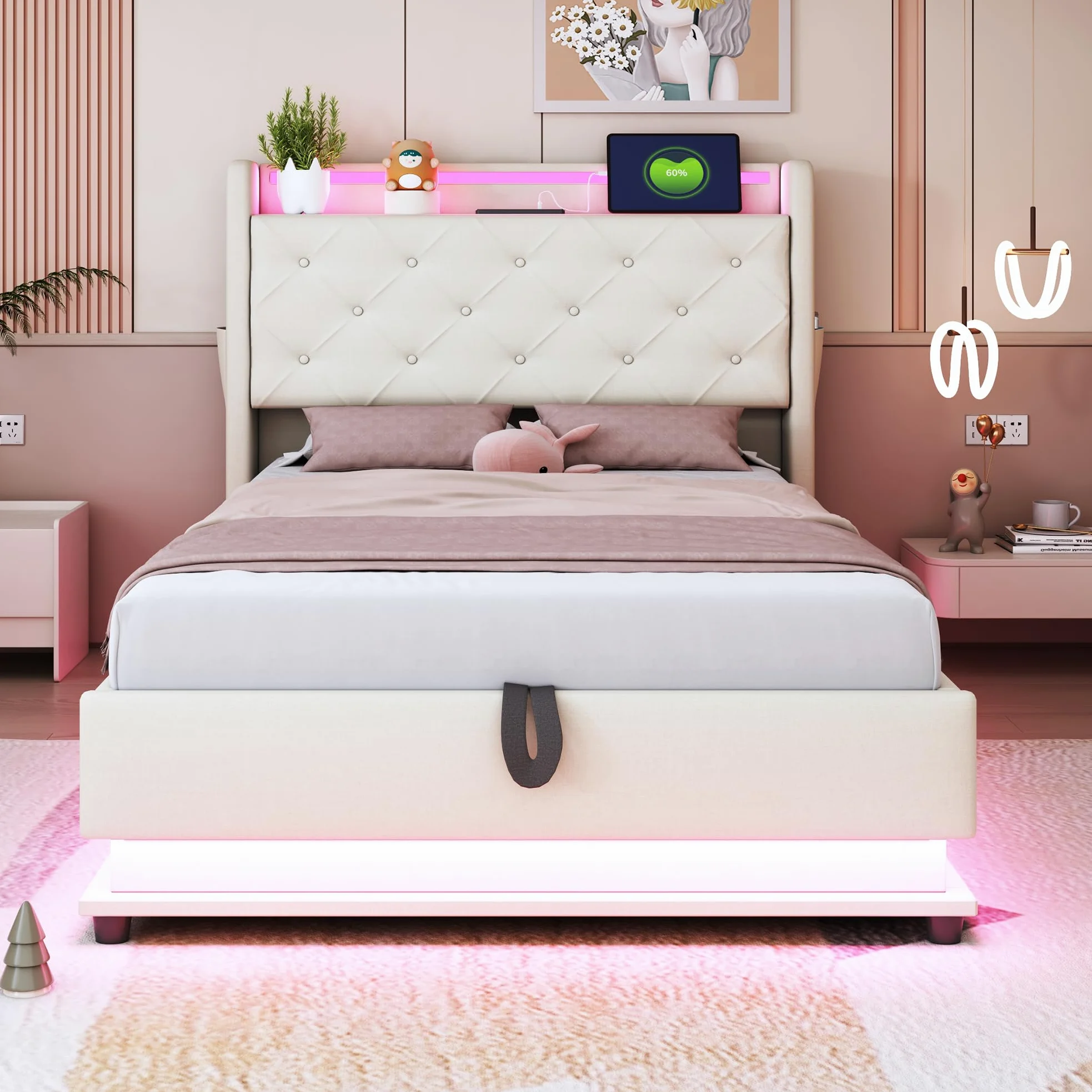 Ymkua Letto Imbottito Letto Singolo 90x200 cm, Bed contenitore con LED e USB Porta, Idraulici Bed frame per Bambini con Struttura Rete a Doghe e Testata Ribaltabile, Linen, Senza Materasso (Beige)