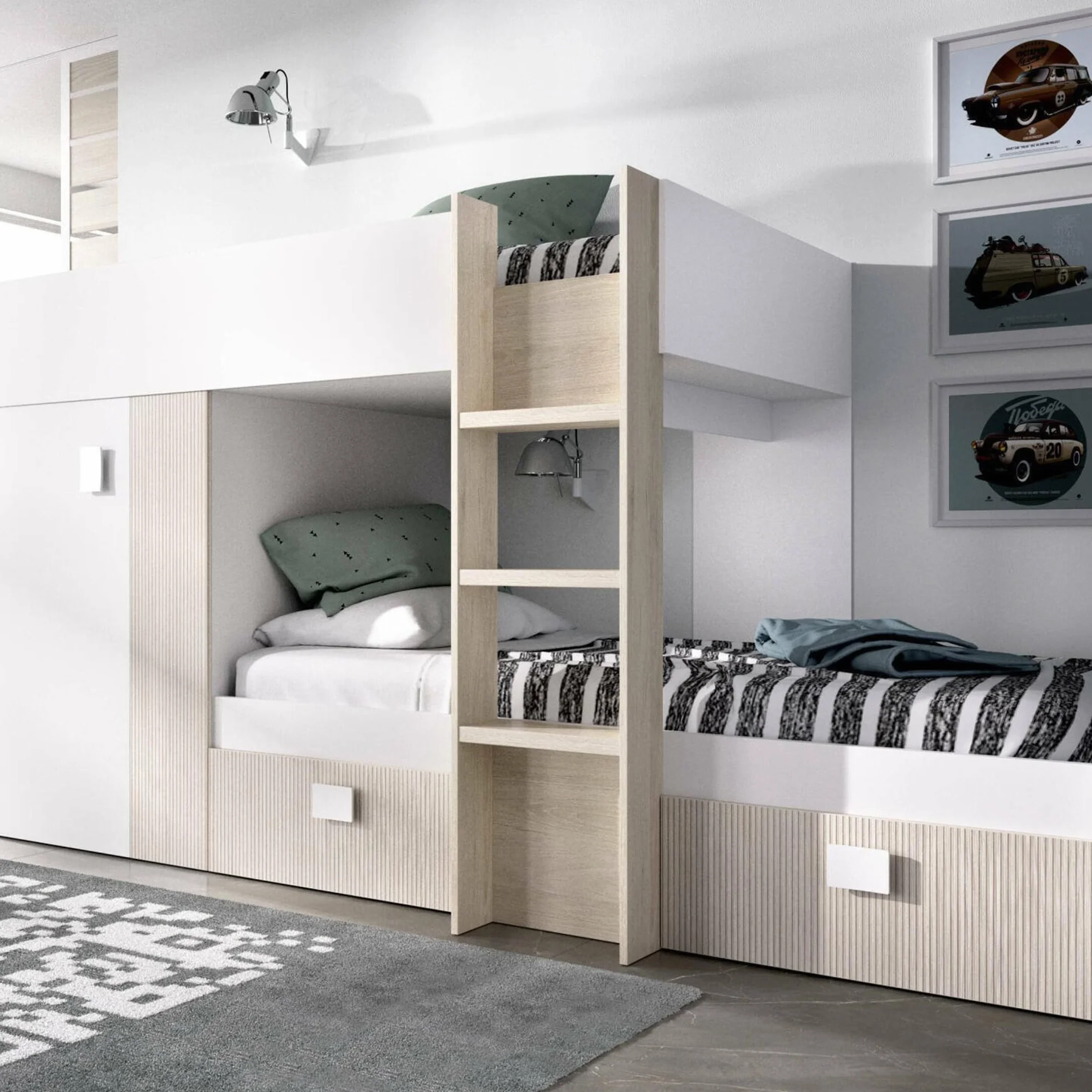 Dmora - Letto per bambini Cevedale, Cameretta completa con armadio e cassetti, Composizione letto a castello con due lettini singoli, 271x111h150 cm, Bianco e Rovere