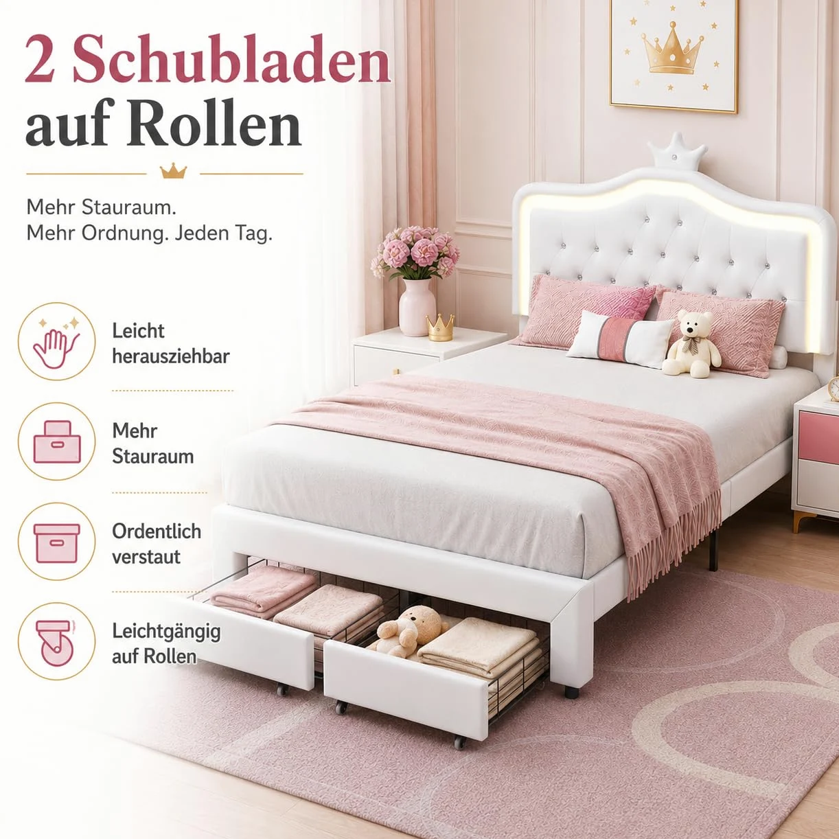 Letto imbottito 140 x 200 cm, letto principesse con illuminazione a LED, Letto matrimoniale con Testiera regolabile a forma di corona, Letto per bambini con rete a doghe e cassetto, senza materasso