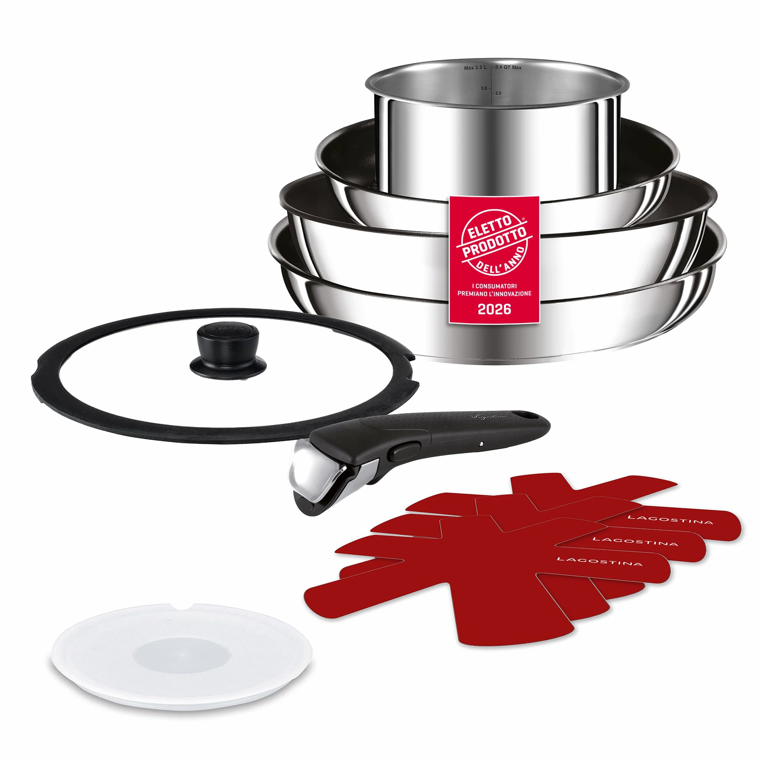 Lagostina Ingenio Inox Set di Pentole e Padelle in Acciaio Inox, Rivestimento antiaderente, 7 Pezzi, Adatto ad Induzione, 1 Casseruola, 2 Padelle, 1 Wok, 1 Coperchio in vetro, 1 Coperchio in Plastica