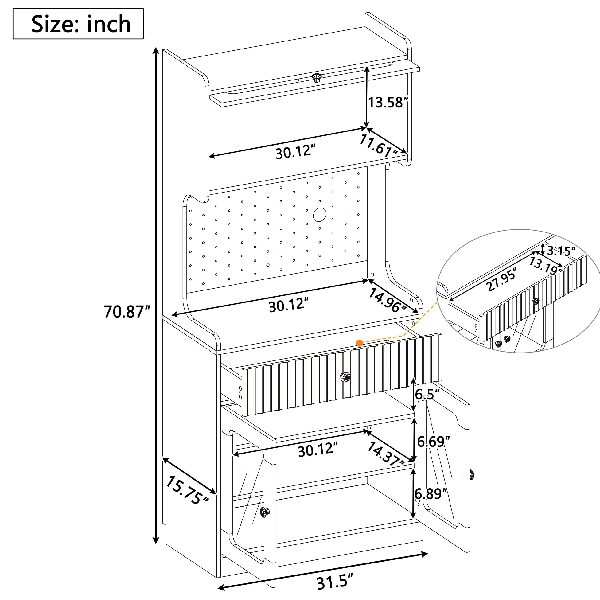 MURUL Highboard naturale/bianco, con LED, vetro scanalato, ripiani regolabili e cassetti, ideale per cucina, sala da pranzo e soggiorno