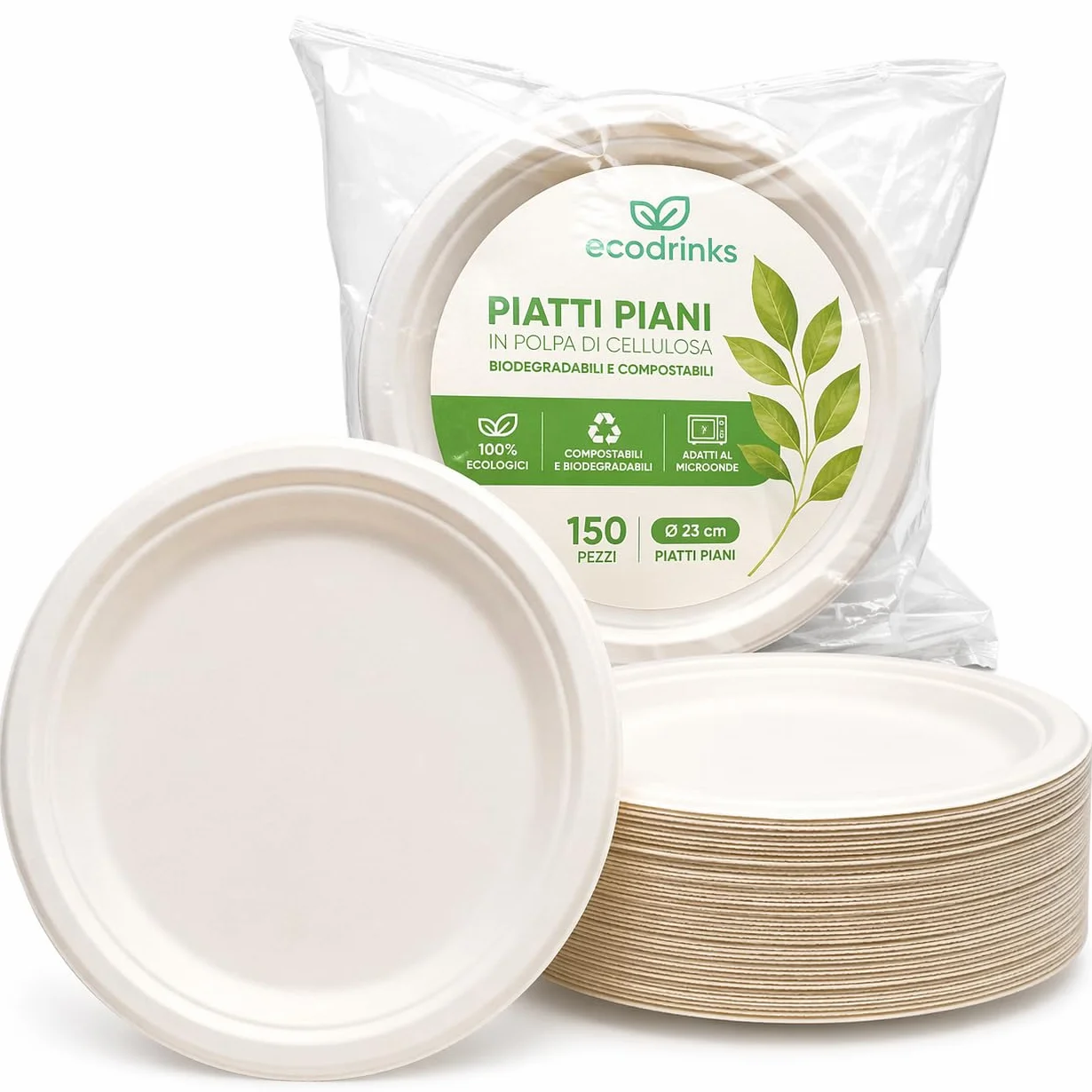 Piatti di Carta Compostabili 23 cm - Cellulosa Naturale Biodegradabile, Usa e Getta