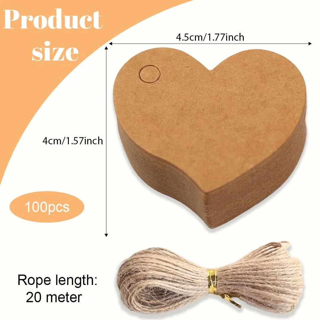 COYUN 100pcs Bigliettini Bomboniere,Etichetta in Carta Kraft a Forma di Cuore e Spago da 10 M per l'Uso Come Souvenir di Nozze, Confezionamento di Regali, Realizzazione di Oggetti Artigianali ecc
