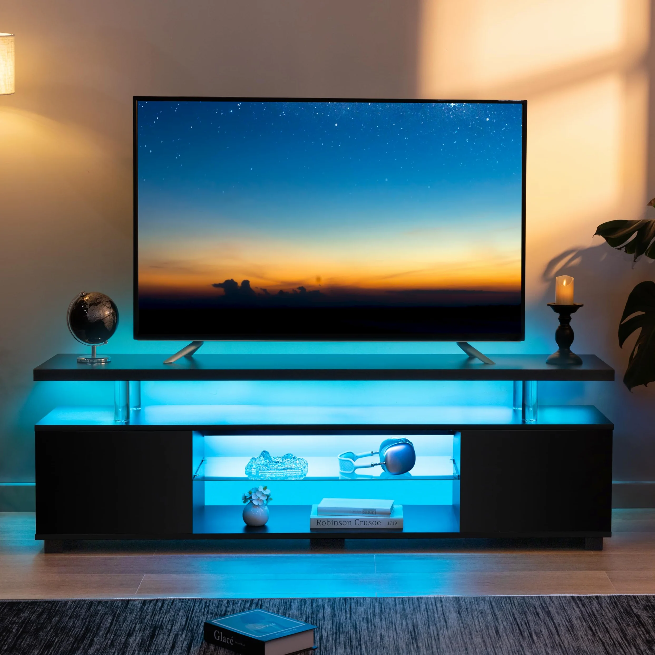 Cubehom LED TV-Schrank 130 cm, Moderno mobile porta TV con illuminazione a LED e spazio di archiviazione, tavolo TV per soggiorno, per televisori fino a 60 pollici, Nero