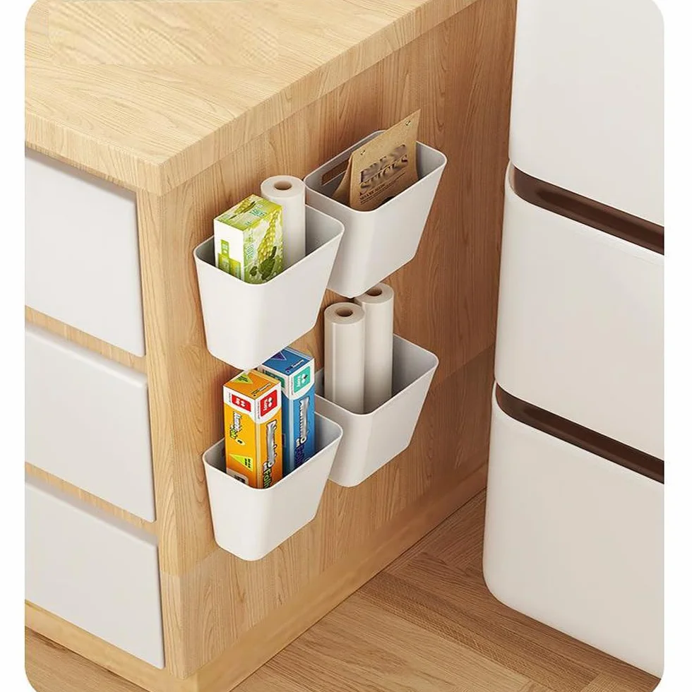 Scatola di Archiviazione Porta Cucina 4 Pezzi, Scatola di Stoccaggio Adesiva a Parete, Organizzatore per Armadio/Bagno/Frigorifero