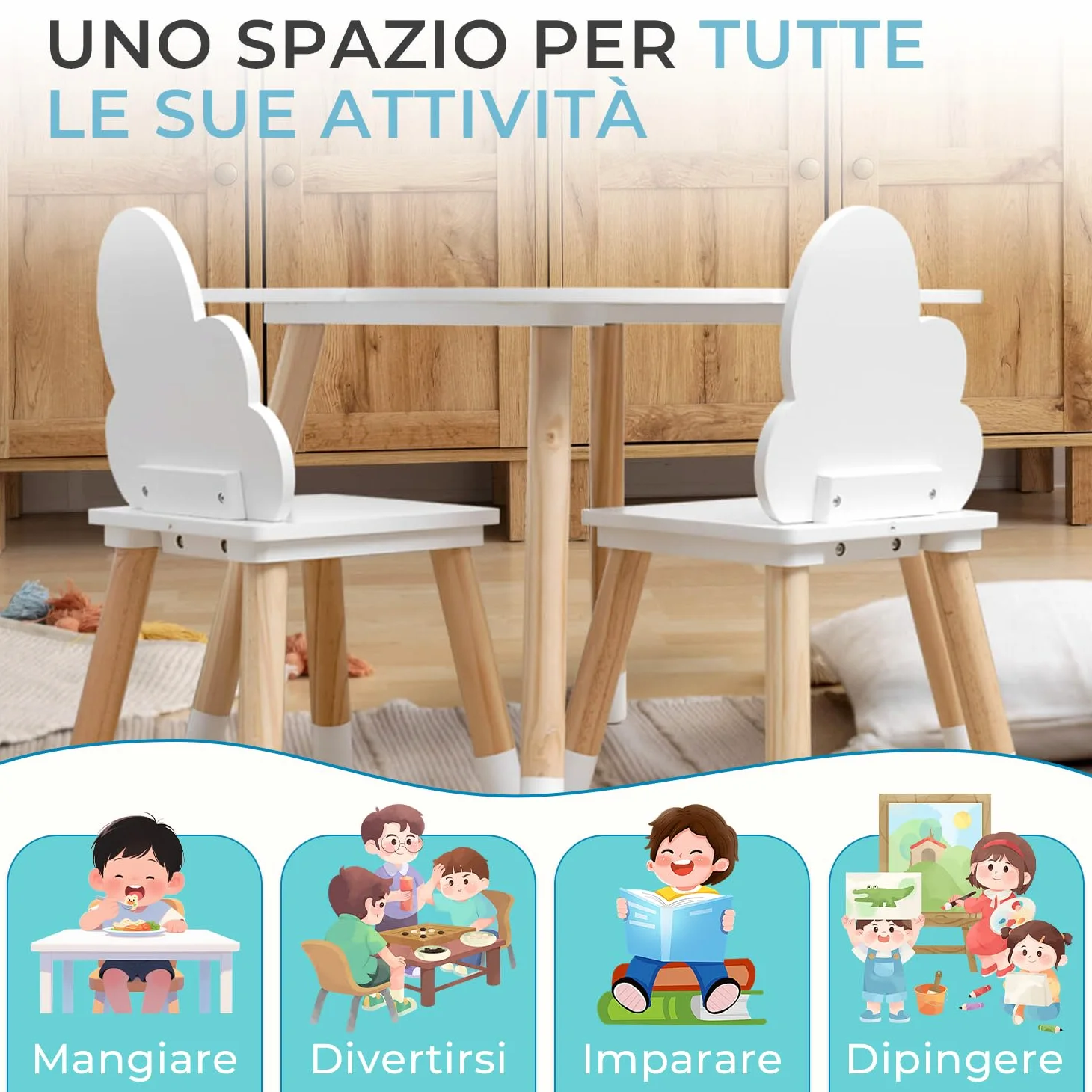Rebecca Mobili Set Tavolino E Sedie Per Bambini, Sedie e Tavolo Arredo Cameretta Stanza Dei Giochi Bianco Marrone Chiaro, Mdf, Stile Nordico - Misure: 44 x 60 x 60 cm / 50 x 25 x 25 cm - Art. RE6733