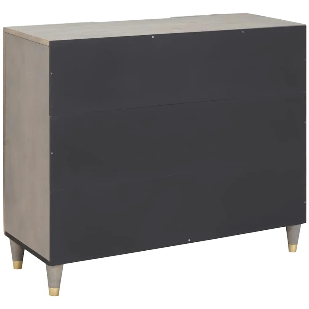 Credenza grigio e oro in legno massello mango 90 x 33 x 75 cm con pomelli in ottone e design serigrafato, vano portaoggetti con 2 ante a cerniera per soggiorno, media, hifi e stoccaggio