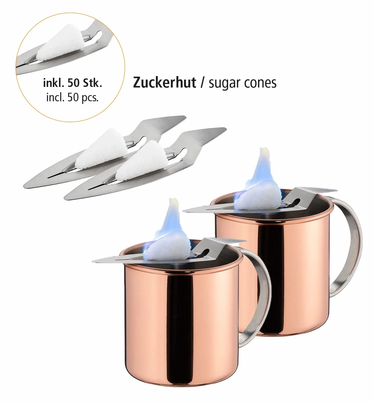 APS Mini set 2 bicchieri acciaio inox effetto rame, pinze per fuoco, pinze zucchero