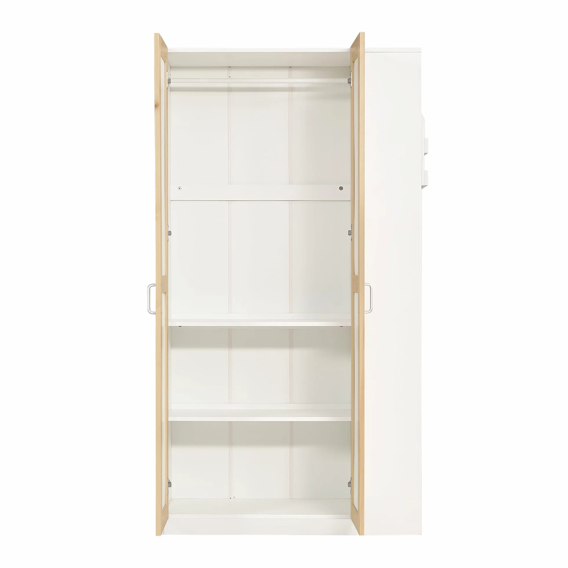 Idemon Letto a castello, Lettino per bambini con protezione laterale e griglia, con scala a 4 livelli, 6 ripiani aperti, armadio laterale, ampio spazio di archiviazione, pino+PB, bianco+naturale