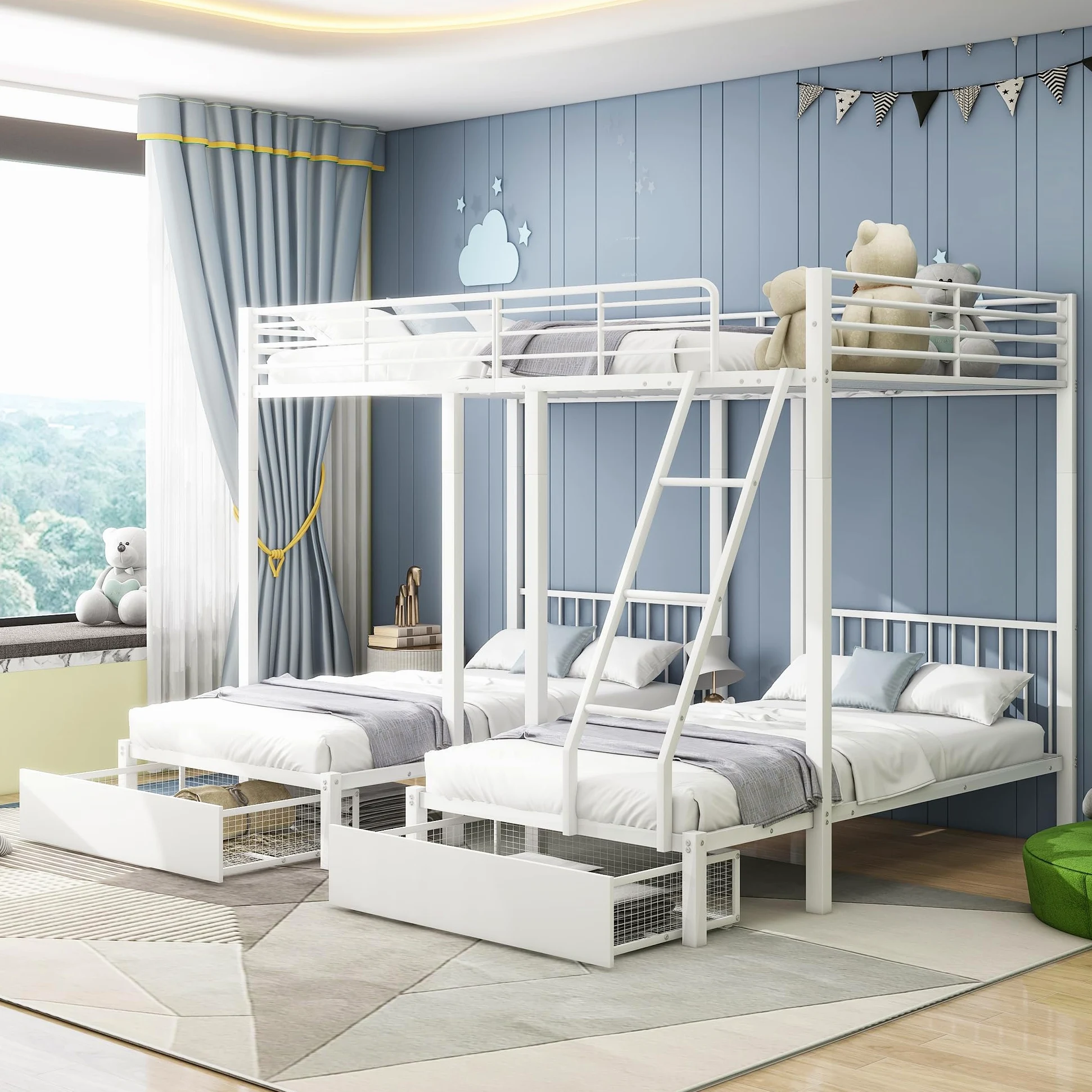 Moimhear Letto a castello triplo con cassetti, trasformabile in letto matrimoniale 140 x 200 e due letti singoli 90 x 200, letto multifunzionale con struttura in metallo (bianco)