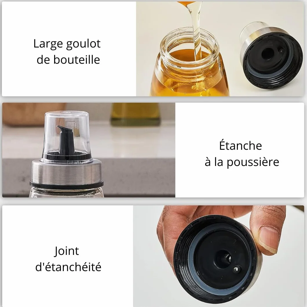 PARENCE.- Flacone per olio da 200 ml con tappo versatore - Dosatore in vetro e acciaio inox - Contenitore per olio, aceto, salsa - 6,5x6,5x12,5 cm - Versamento preciso e senza gocciolamento