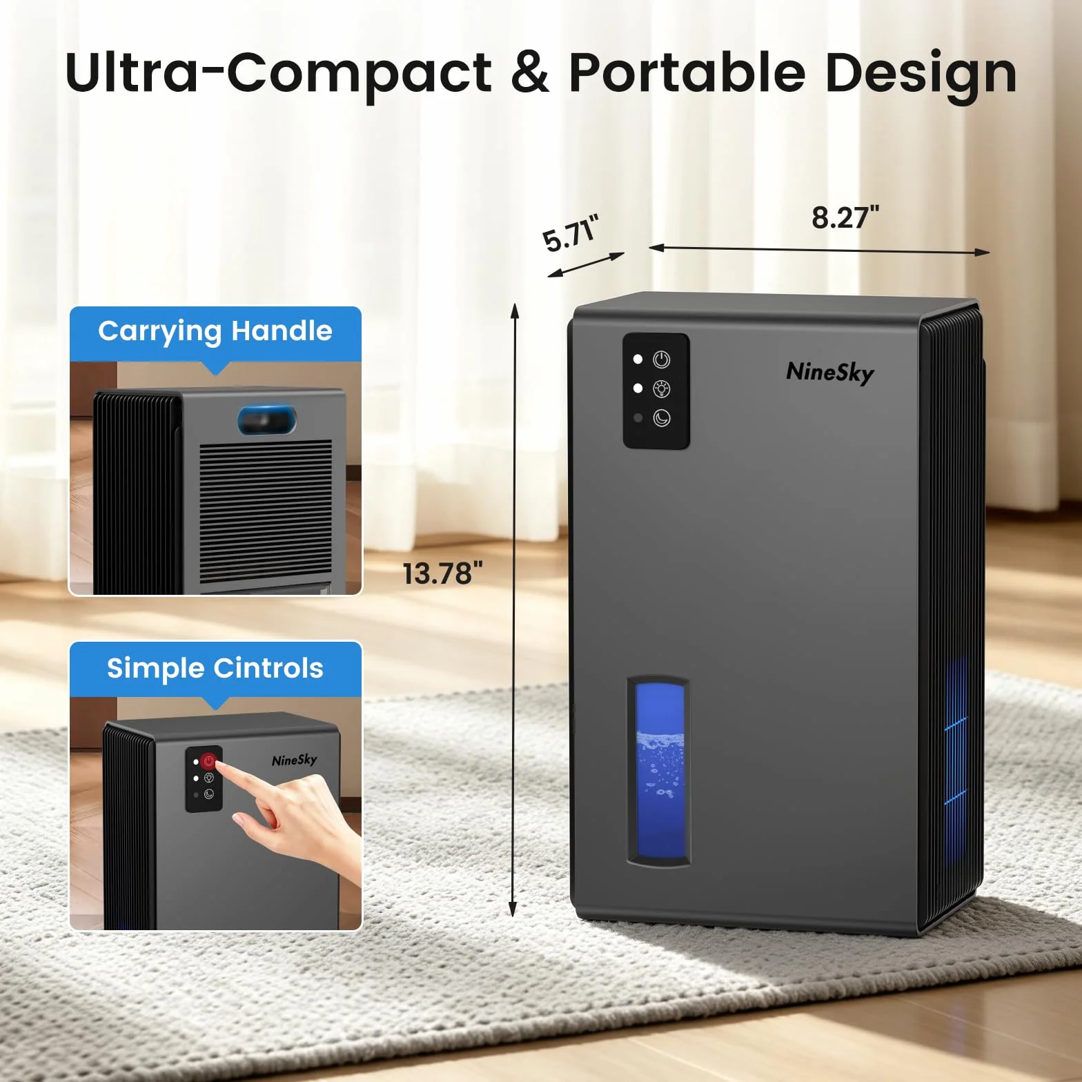 NineSky Deumidificatori per la casa, 1000 mq, deumidificatore con serbatoio dell'acqua da 2,7 l, deumidificatore silenzioso per cantina, bagno, camera da letto, con luce ambientale a 7 colori e