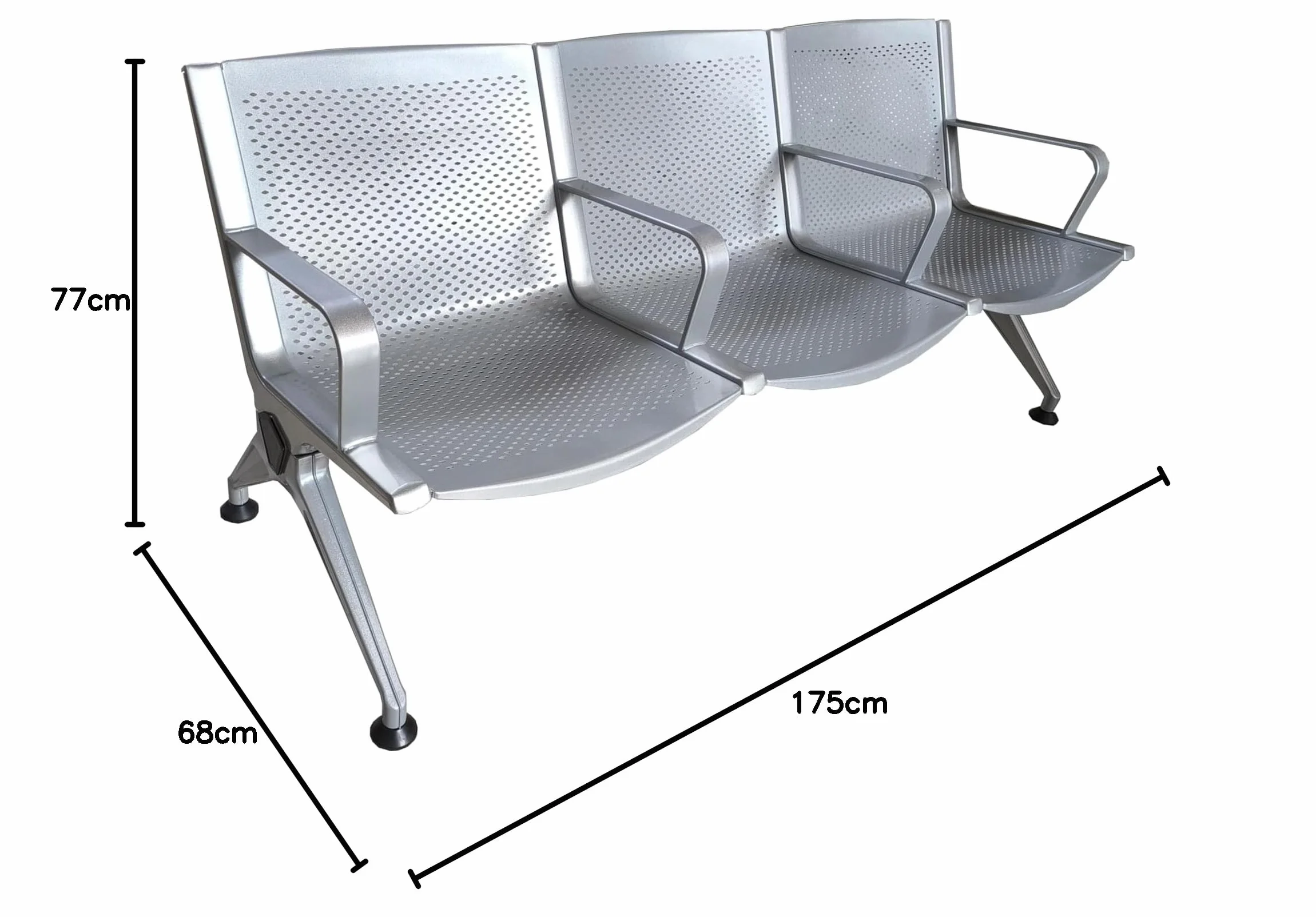 Panca in Metallo per Sala d'Attesa 3 Posti, Sedute Ufficio in Acciaio Verniciato Grigio con Lamiera Traforata Sagomata, Design Elegante e Moderno per Studio Professionale, 175x68x77 cm