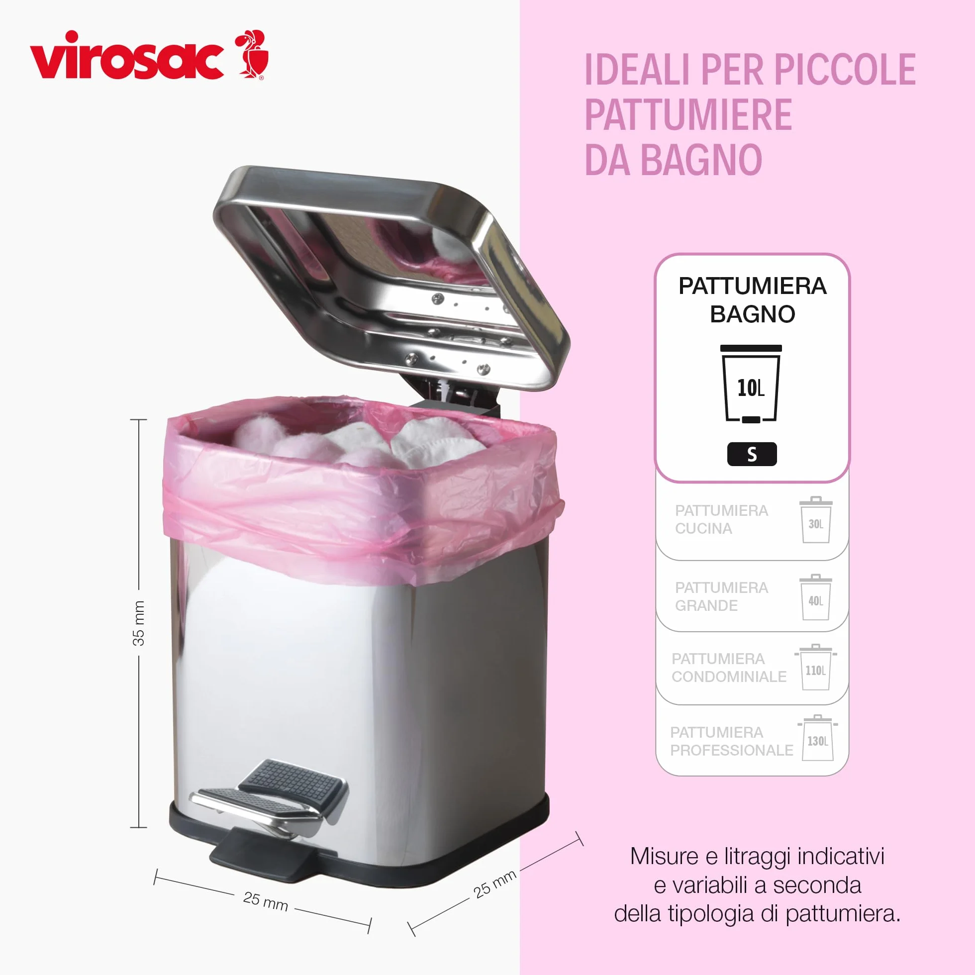 VIROSAC Sacco Bagno 42x55, 30 sacchetti per rotolo, kit da 4 rotoli, 2 rotoli rosa + 2 rotoli bianchi