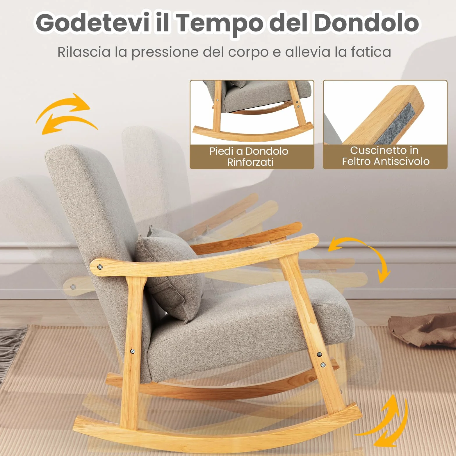 COSTWAY Sedia a Dondolo con Cuscino, Poltrona Dondolo Interno Ergonomica con Schienale Alto, Seduta Imbottito, in Legno di Gomma, per Soggiorno e Camera da Letto (Grigio)