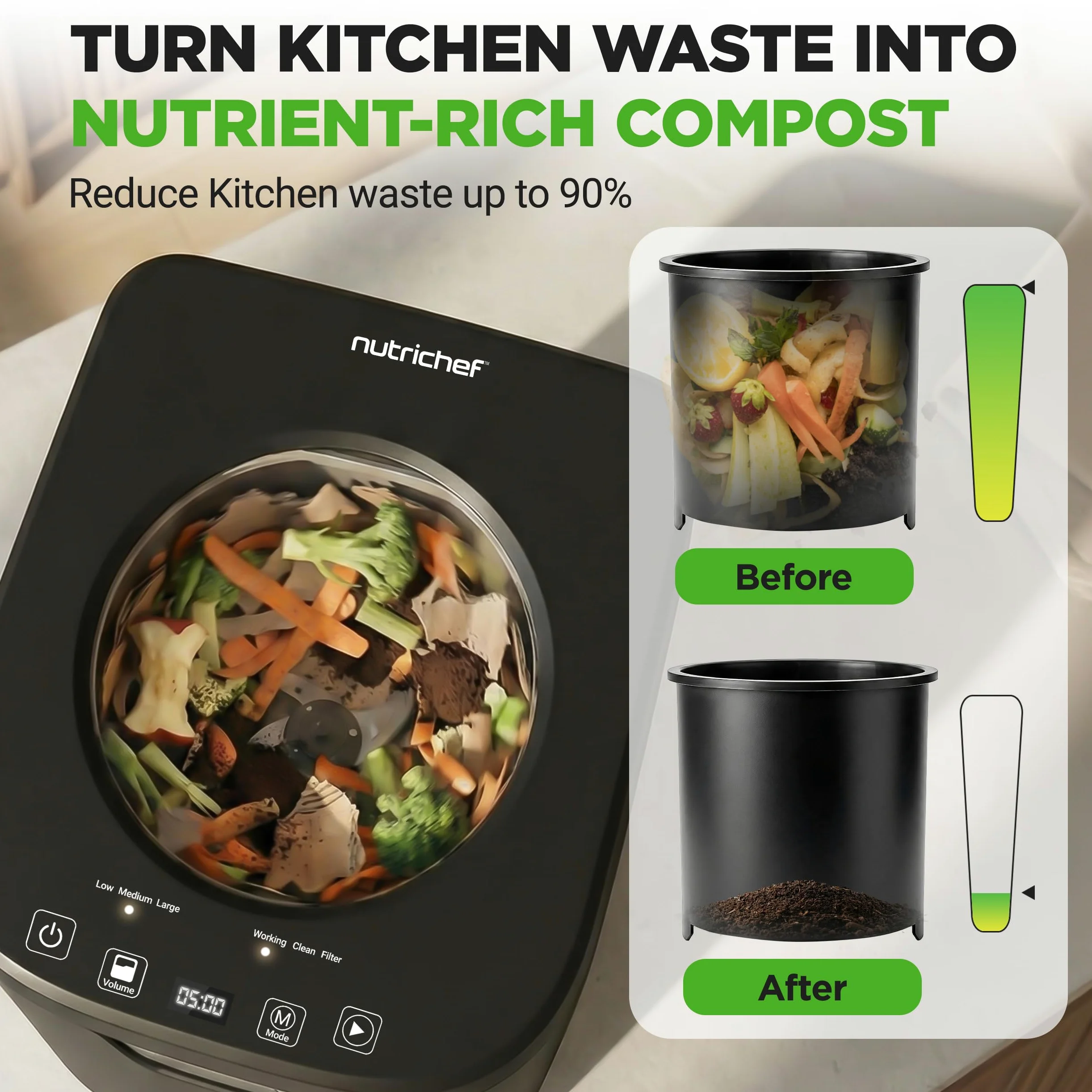NutriChef 4 Litri Compostiera da Cucina, Compostiera Elettrica, Bidone Umido per Cucina, Pattumiera Umido con 2 Filtri Carbone, 3 Modalità Volume, Grigia