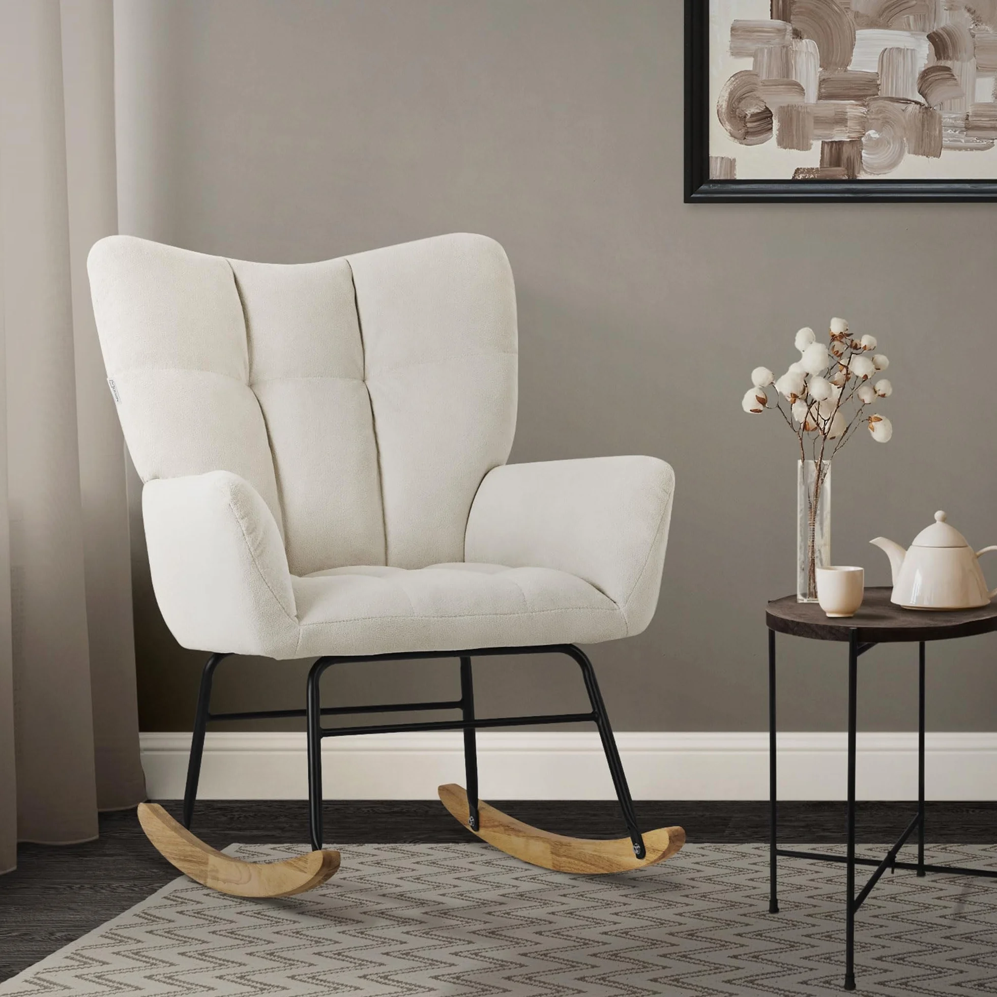ML-Design Poltrona a Dondolo per Salotto Sedia Confortevole Beige Imbottita Poltroncina da Soggiorno con Braccioli e Schienale Alto Rilassante Base in Legno Massiccio Arredamento Casa