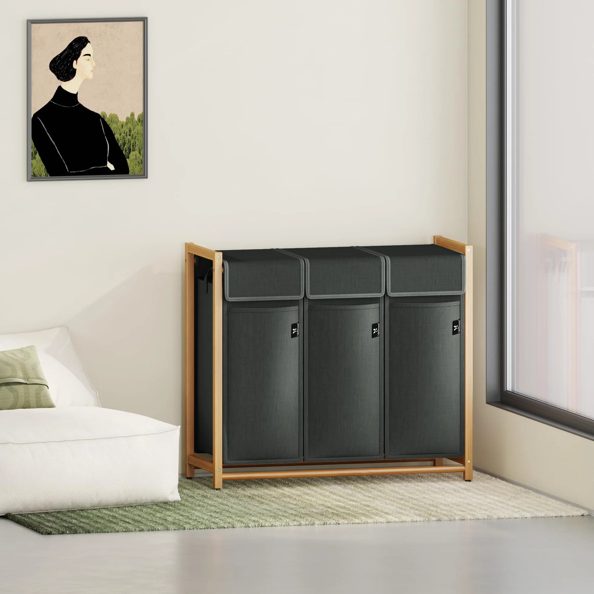 AdelDream Cesto per Biancheria, Separatore per Vestiti, 3 Scomparti, Carrello per Biancheria con Tasche Rimovibili, Bambù 150 L, Grigio Scuro