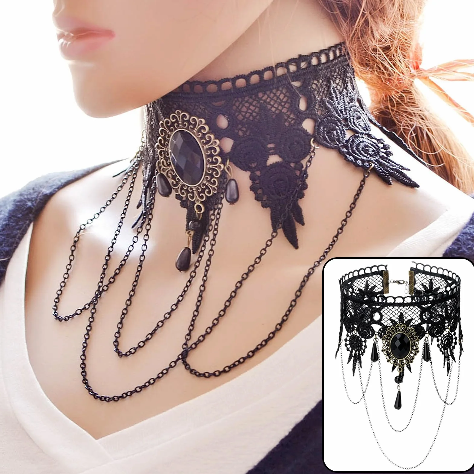 Girocollo in Pizzo Nero 6 Pezzi Choker Donna Collana Vintage Accessori Halloween