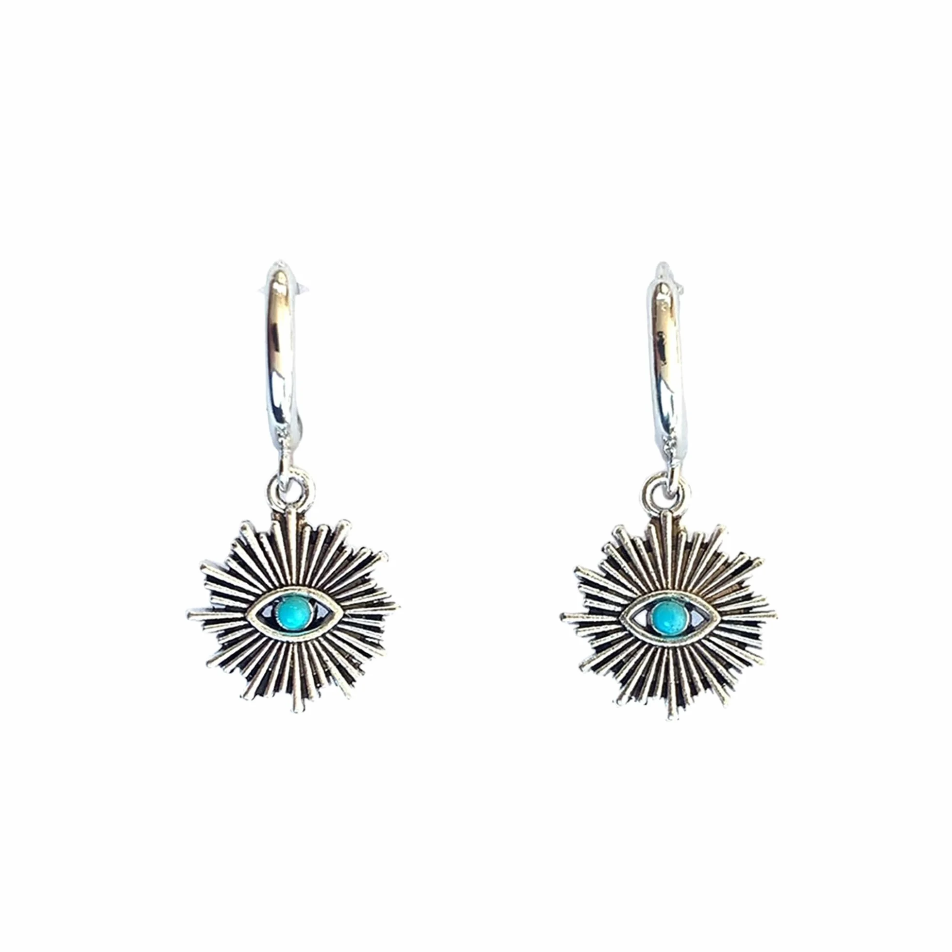 Orecchini Donna Cerchio Piccolo Placcati Platino Ciondolo Sole Etnico Fiore del Sole Argento Antico con Pietra Turchese Amuleto Protezione ASTER ALHELÍ