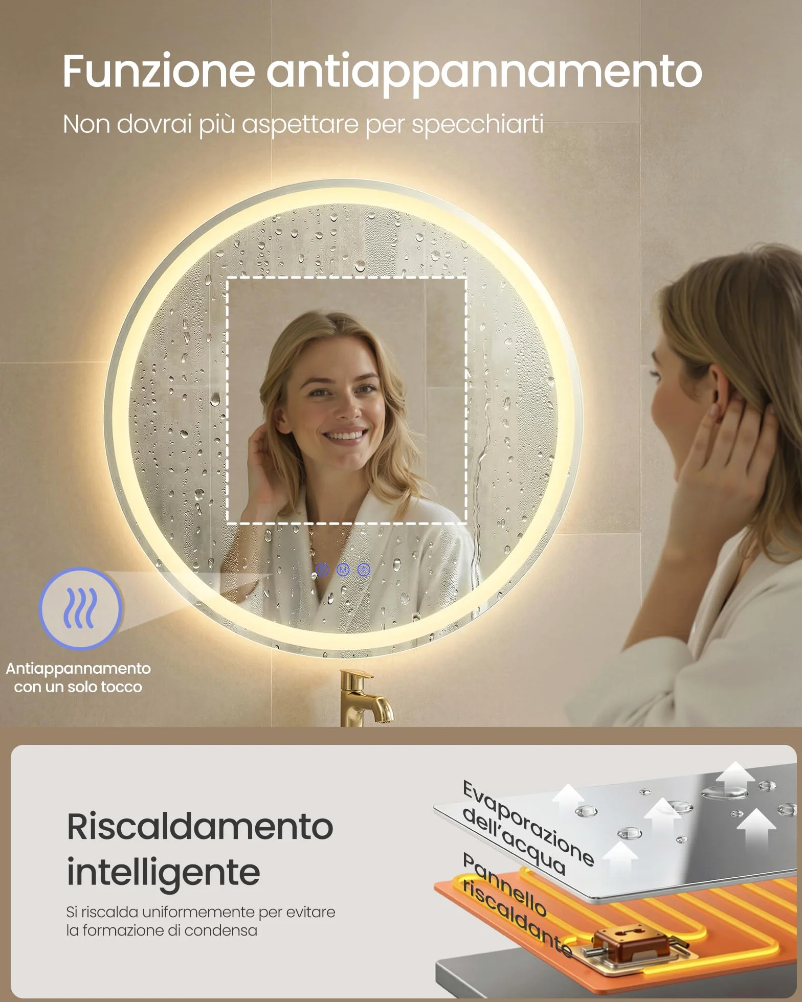 SONGMICS Specchio Bagno con Luce, Specchio da Parete Rotondo, Funzione Antiappannamento, Tonalità e Luminosità Regolabili, Trucco, Camera da Letto Bagno, 61 cm, Bianco Nuvola LWM211WC02