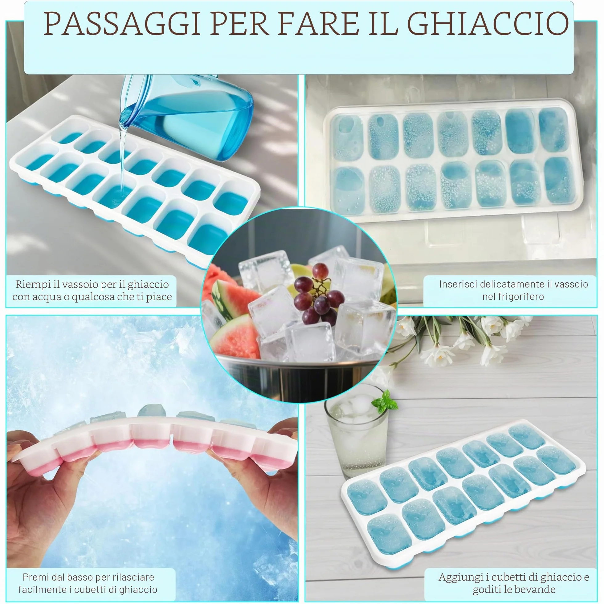 Stampo Cubetti di Ghiaccio in Silicone Alimentare con Coperchio LFGB, Adatto per Whisky e Cocktail (Rosa, Blu, Giallo, Verde)