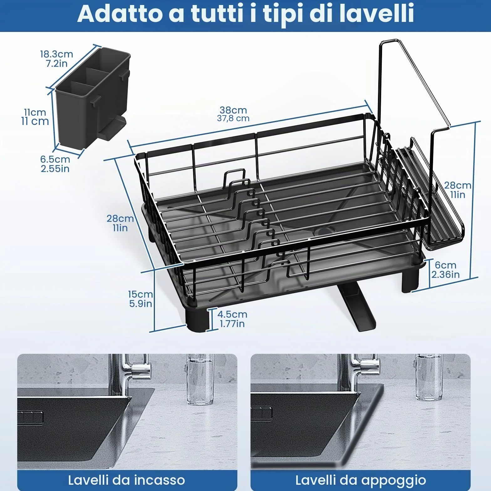 Scolapiatti Scaffale per Stoviglie con Portaposate Drenaggio Regolabile Nero Antiruggine