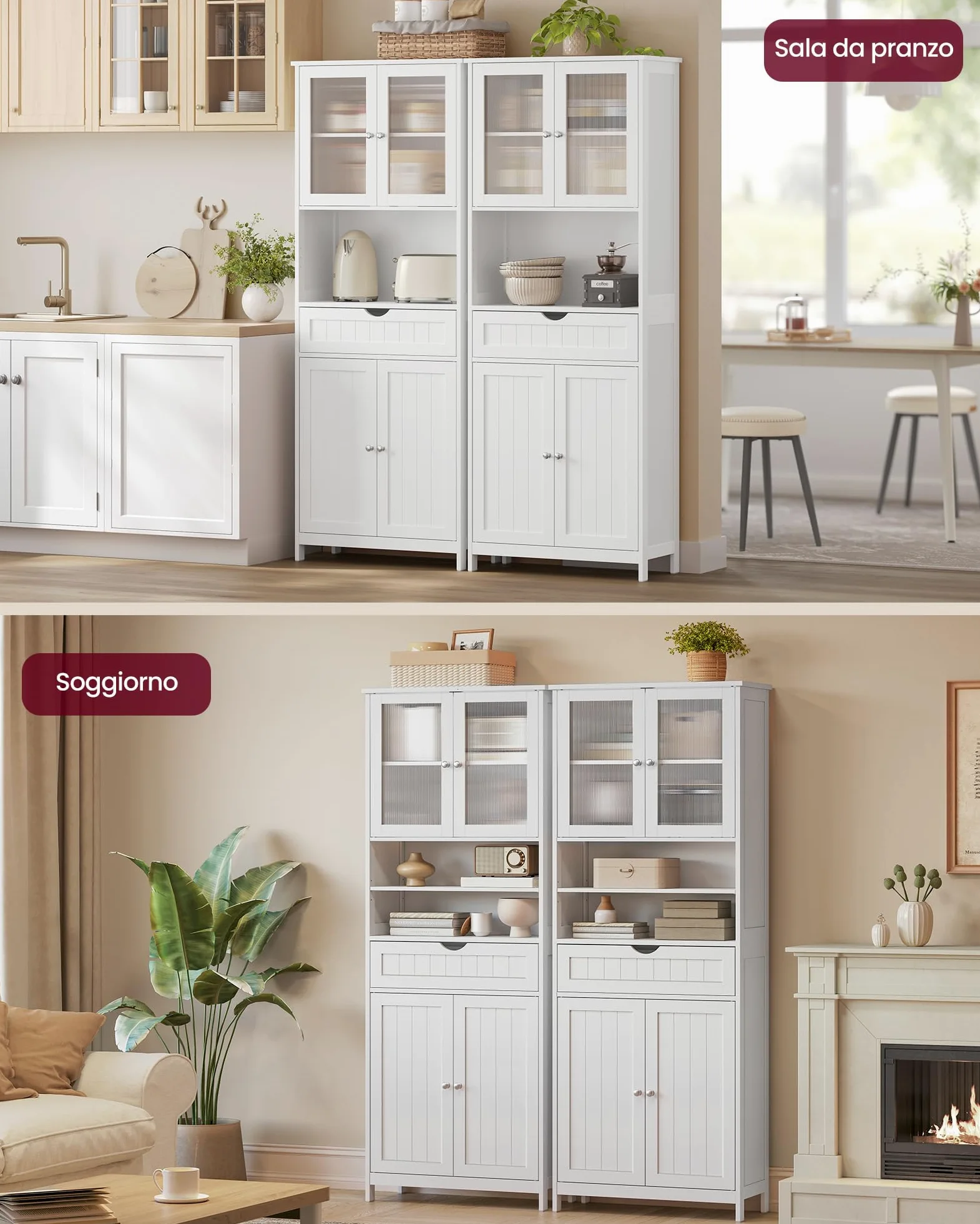 VASAGLE Mobiletto Contenitore, Armadietto da Bagno, con Ripiani Regolabili, Cassetto, Scomparti Aperti, per Bagno, Soggiorno, Sala da Pranzo, Bianco Nuvola BBC768W01