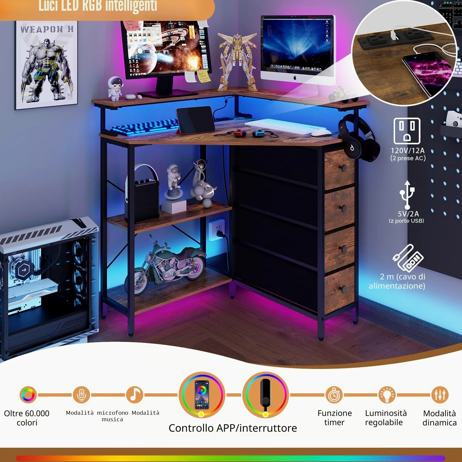 Tohomeor Scrivania angolare con 4 cassetti in tessuto, scrivania con cassetti, tavolo da gioco, scrivania per computer, ufficio, studio, camera da letto (marrone)