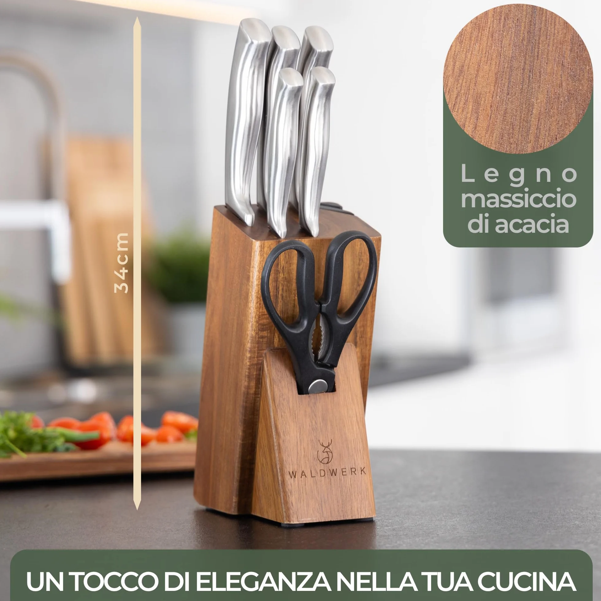 WALDWERK Blocco Coltelli - Set coltelli da cucina 7 pezzi con blocco porta coltelli e affilacoltelli integrato - ceppo coltelli da cucina - set coltelli da cucina professionali
