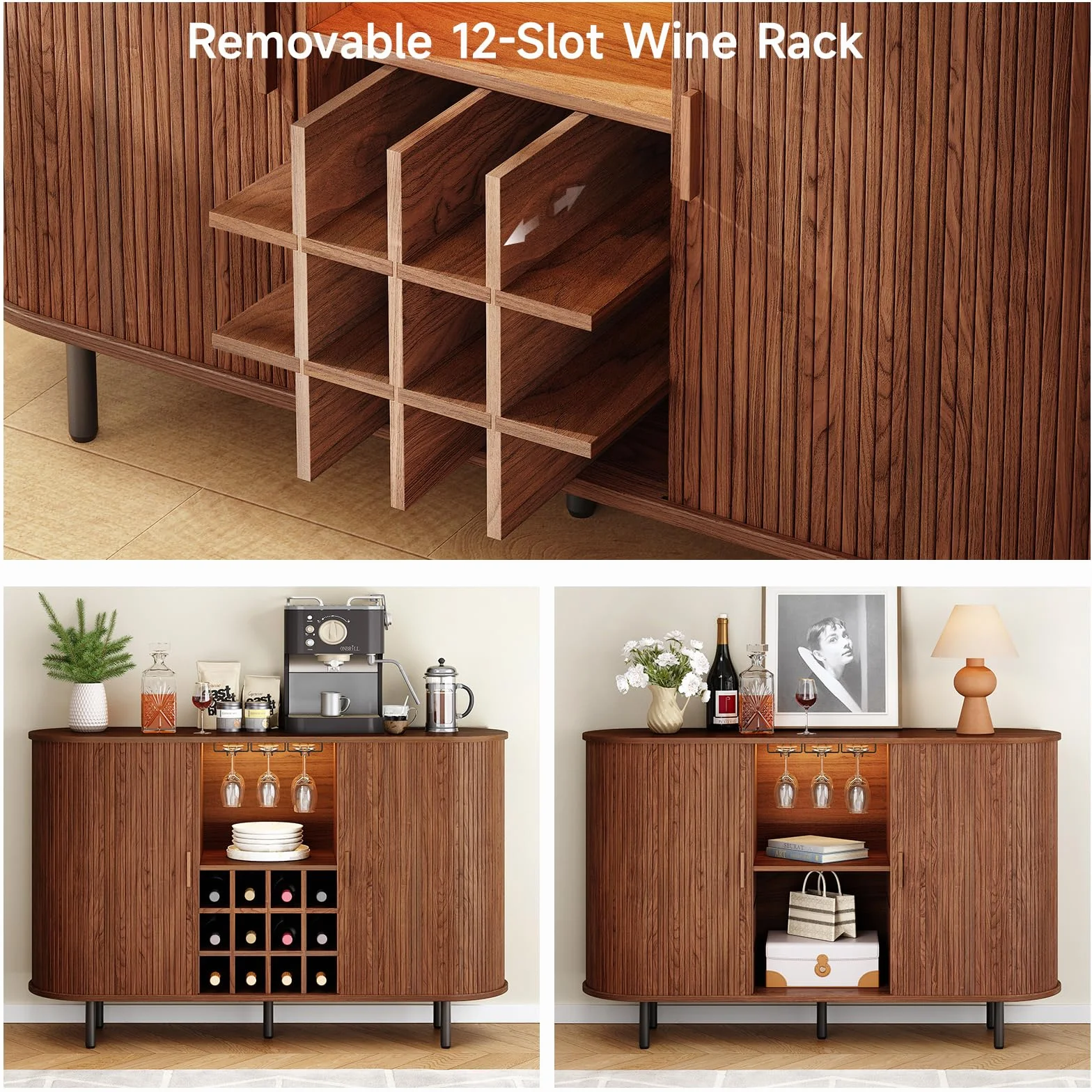 ONBRILL Armadietto da bar con luce a LED, moderna stazione per liquori, whisky, caffè, con portabottiglie e supporto per bicchieri, credenza da buffet per casa, soggiorno, cucina, ingresso (noce)