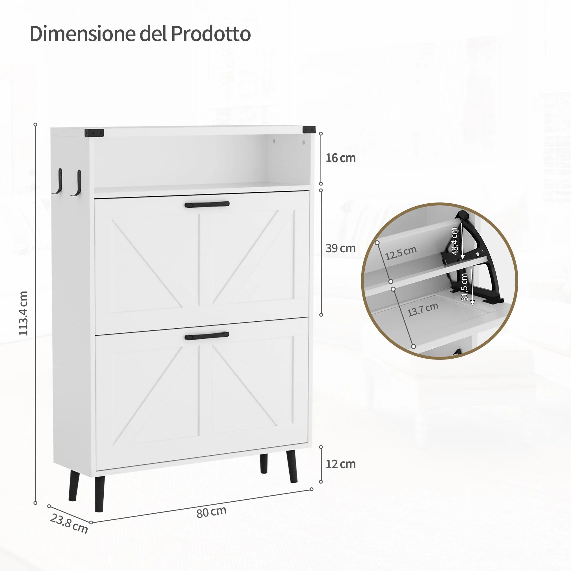 BonVache Scarpiera stretta 2 ante ribaltabile 4 ripiani mobile per scarpe legno 80x24x113,5 cm bianco