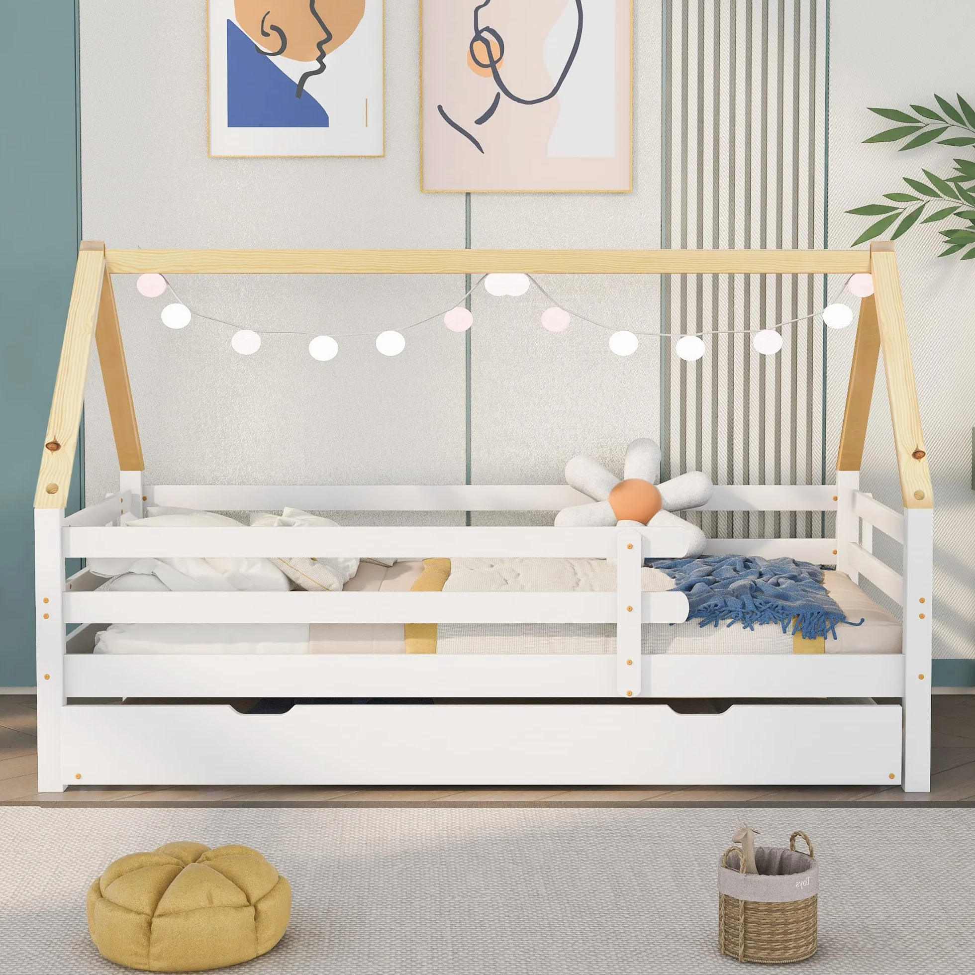 Letto per casa sull'albero, letto singolo, letto per bambini, letto estraibile con ruote inferiori, in legno massello, letto bianco, sedia sottotetto colore naturale (90 x 200 + 90 x 190 cm)