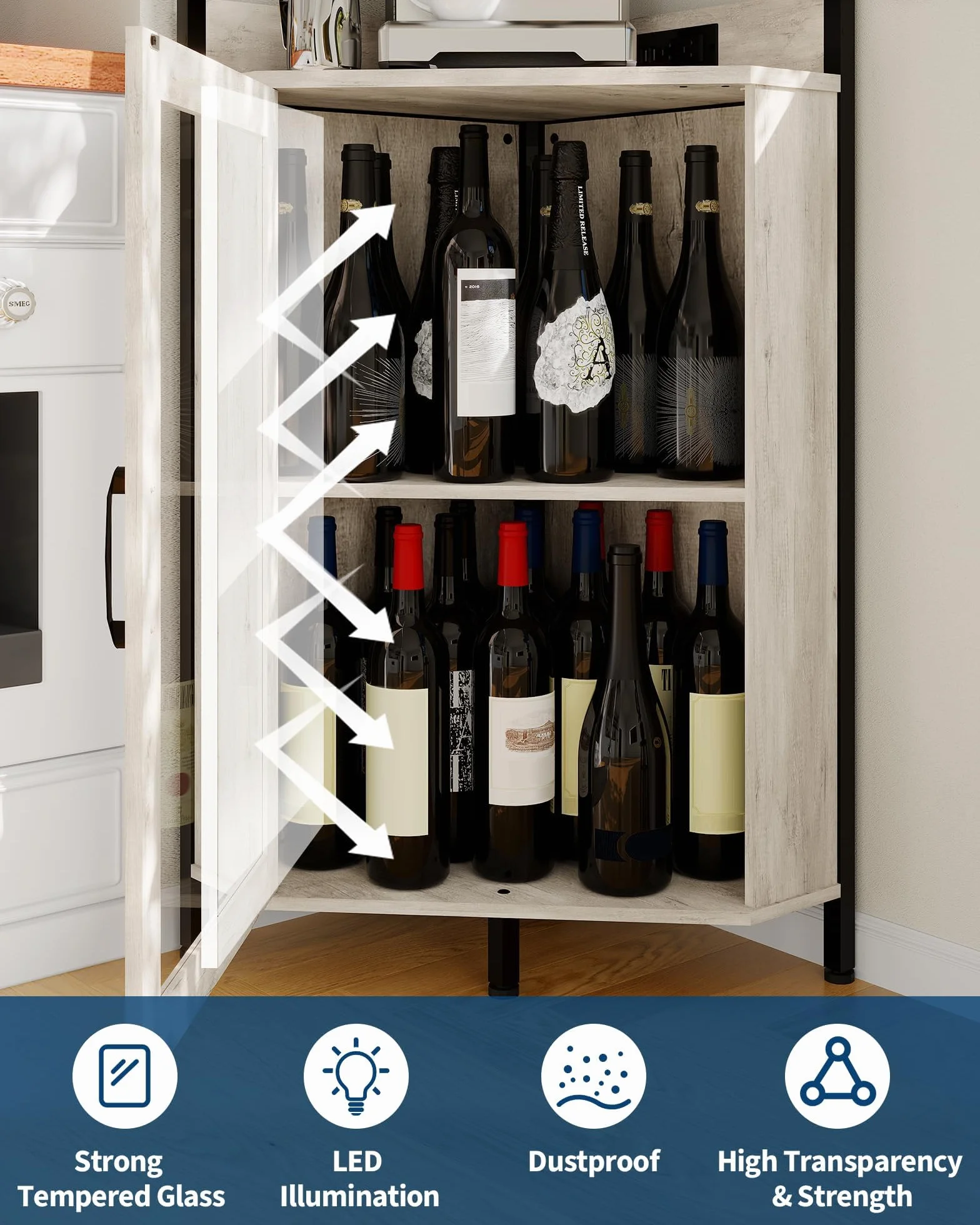Mobile bar angolare 68" con luci LED, porta in vetro, presa elettrica - Portabottiglie e portabicchieri, 4/5 ripiani regolabili, stile farmhouse rustico per soggiorno o sala da pranzo -