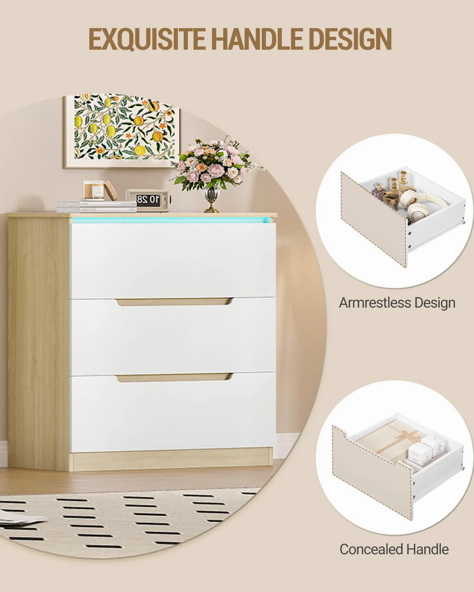 Hzuaneri Cassettiera, 3 Cassetti, Cassettiera Camera da Letto con Striscia Luminosa a LED, Stile Moderno, Adatto per Soggiorno, Camera da Letto, Corridoio, 40 x 70 x 80 cm, Bianco-Rovere EDC01331XEU