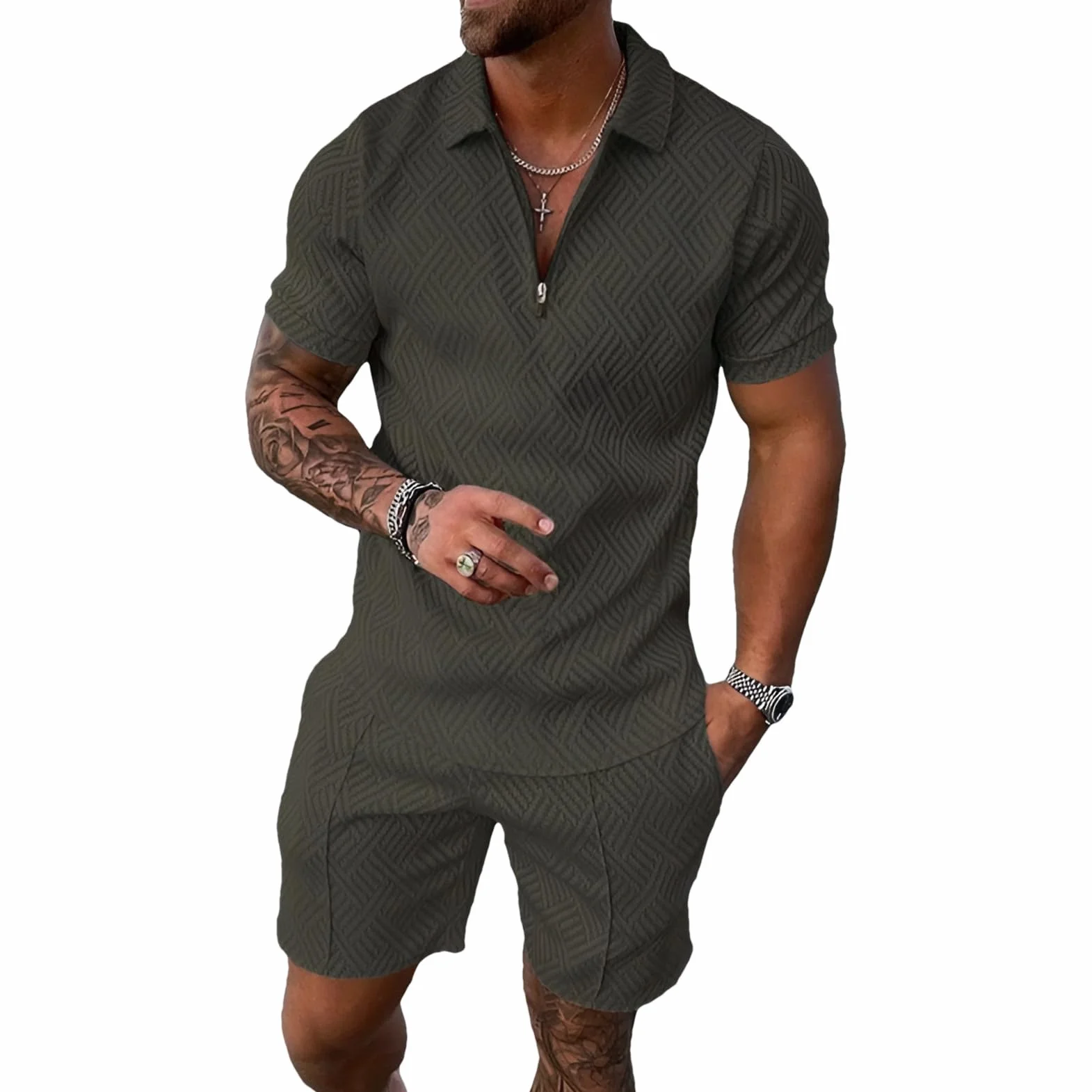 amropi Tuta Uomo Sportiva Maniche Corte Cerniera T-Shirt e Pantaloncini Estiva 2 Pezzi Set Completo