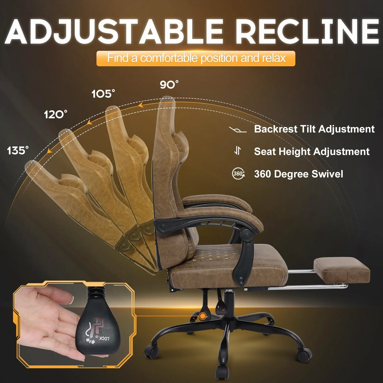 Vittanly Sedia da gioco con cuscino primaverile, ergonomica, per gaming, con poggiatesta, cuscino lombare e poggiapiedi, regolabile in altezza, sedia da gioco, sedia da ufficio, 150 kg, marrone