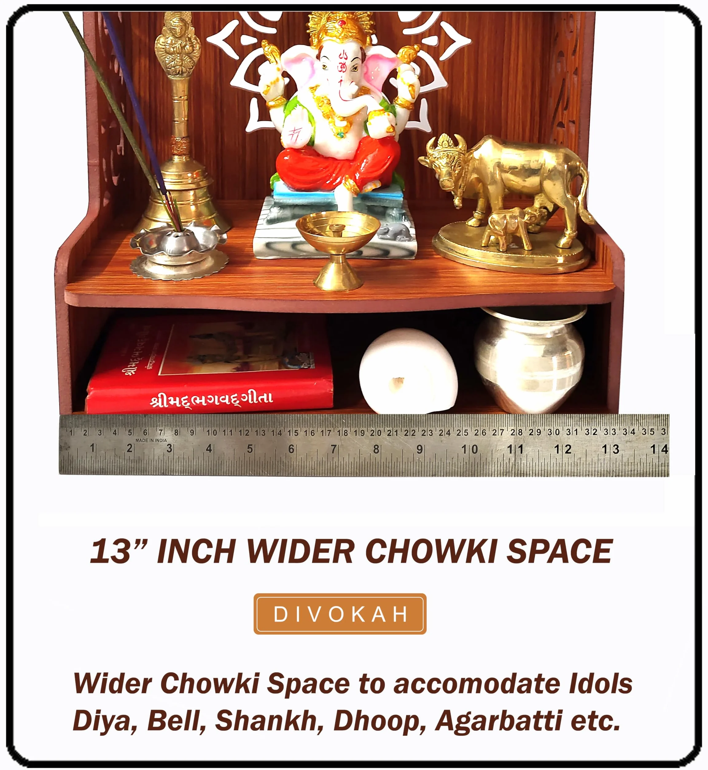 DIVOKAH Bellissimo Pooja Mandir w drewnie do domu i biura z lampką LED 8 mm