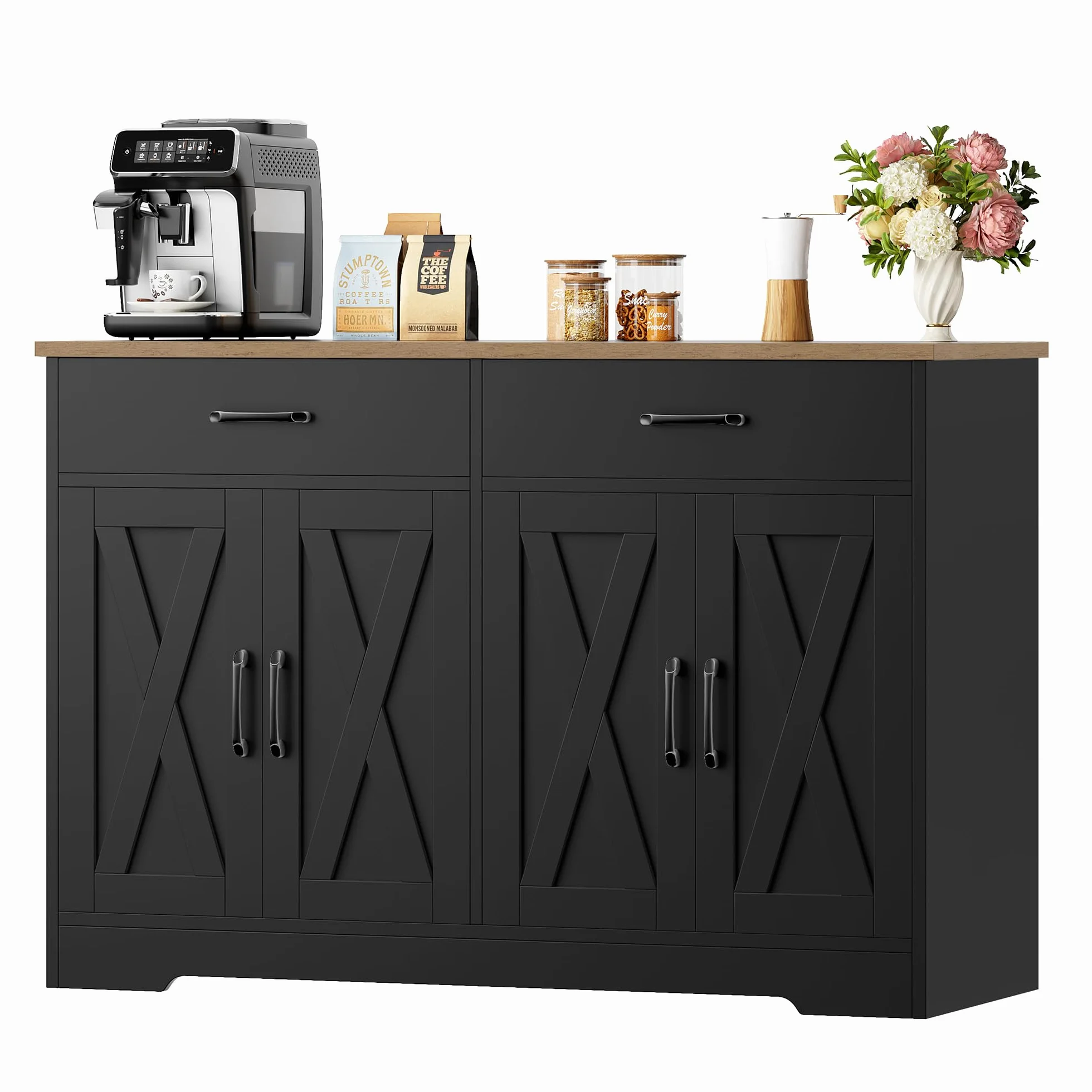 HOCSOK 120 cm Credenza Cucina, Mobile Cucina con 2 Cassetti e 4 Armadi，Buffet Mobile Moderno, Credenza Soggiorno, Mobile per Cucina Ingresso Foyer, Sala da Pranzo, Nero +Marrone