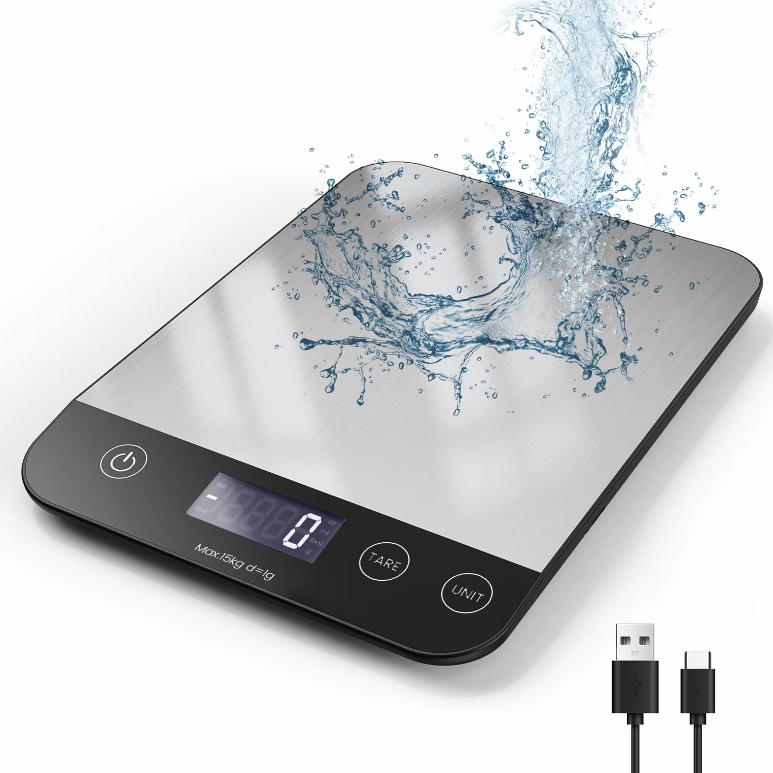 Bilancia Cucina Digitale Ricaricabile 15KG USB C Alta Precisione 1g/0.1oz Funzione Tare