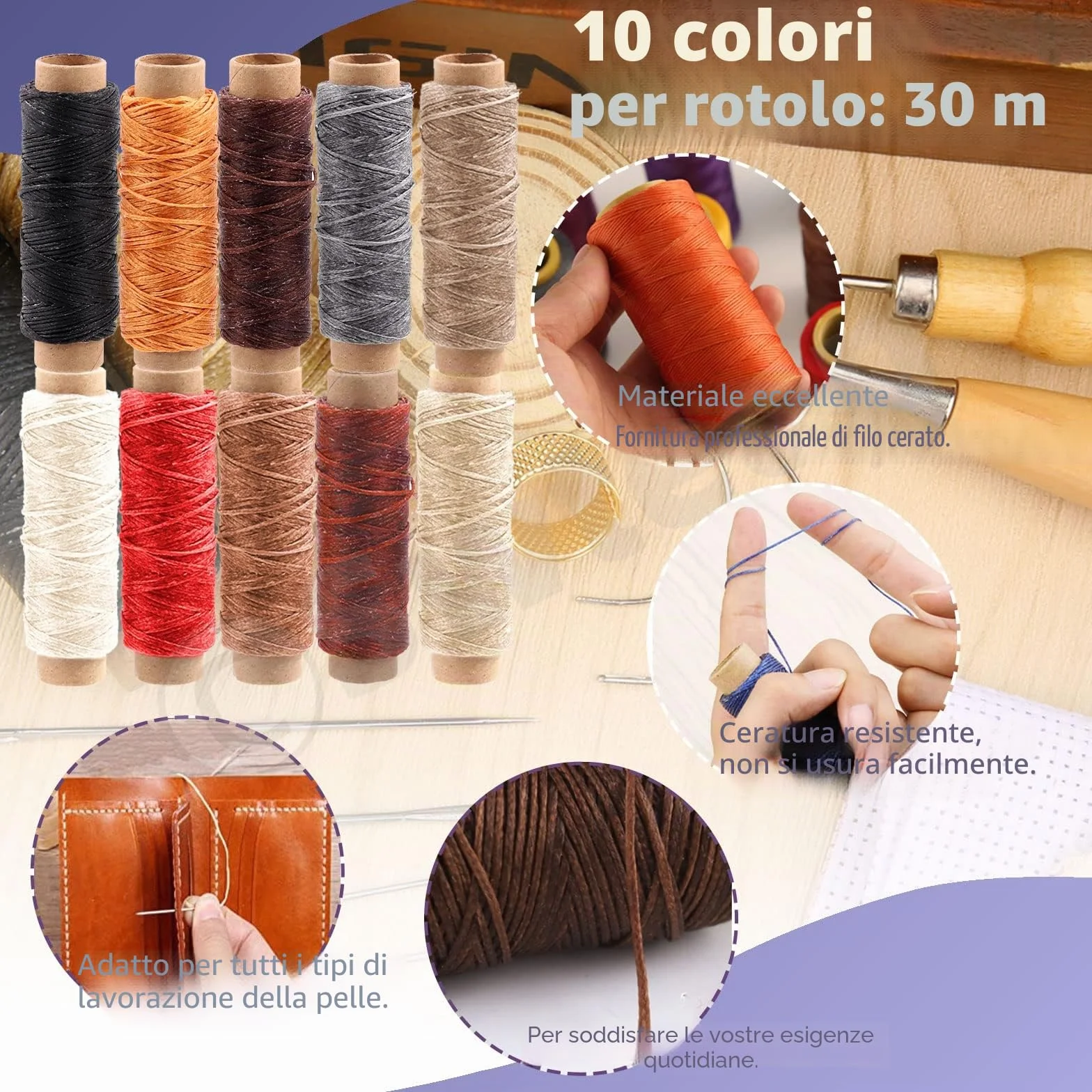 Swpeet Kit da 46 pezzi per artigianato in pelle, strumenti e forniture con punteruolo per scanalare filo cerato, punzonatrice, ruota da tracciamento, aghi da cucito e altro ancora