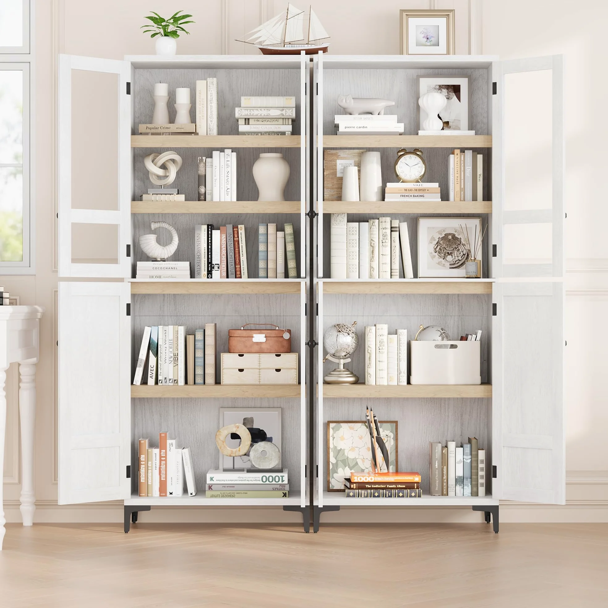 Mobile credenza ingresso alto 180 cm - 5 ripiani regolabili, ante in vetro - Armadio dispensa multiuso per cucina e bagno - Finitura bianco antico con interno legno naturale - Ante in vetro,